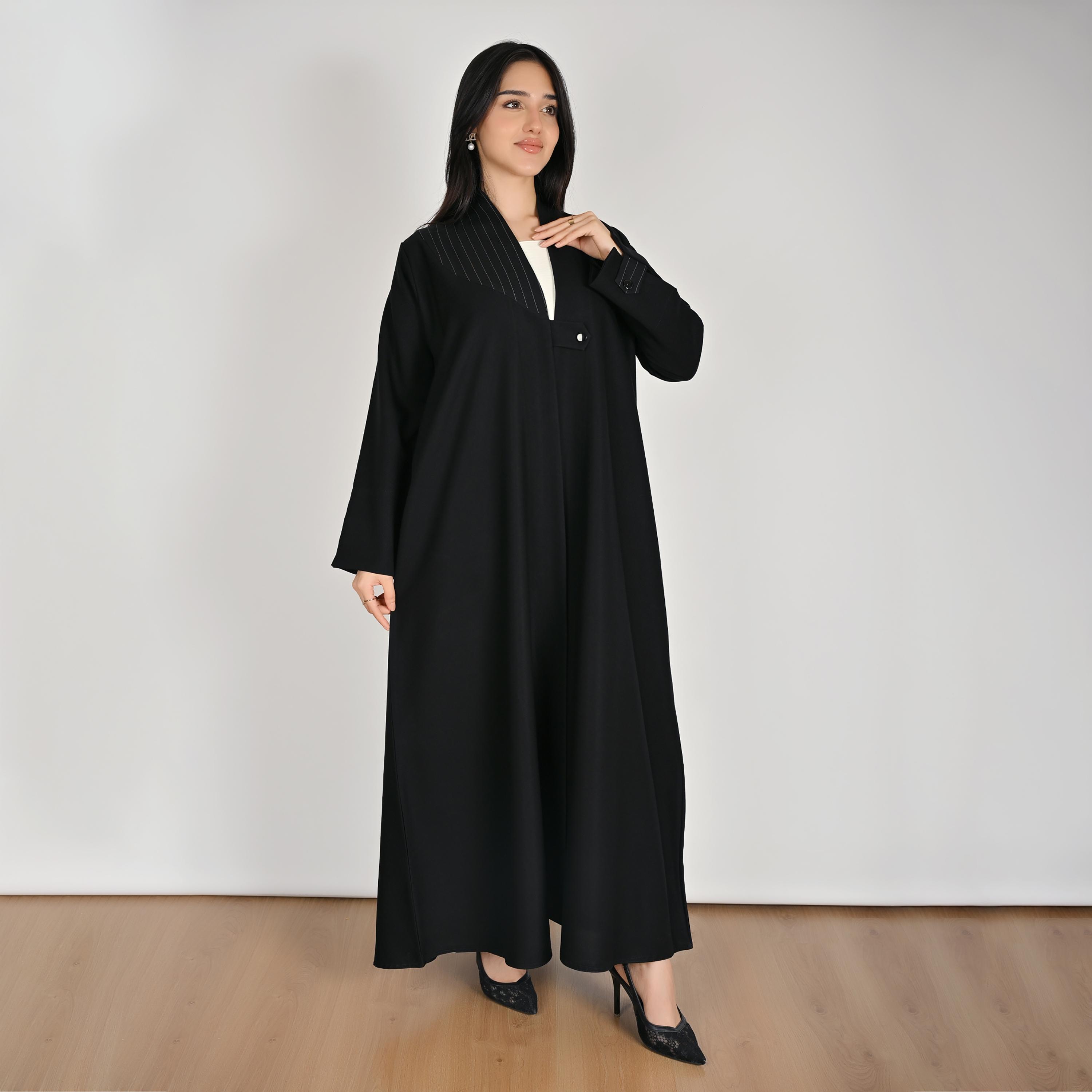 Hawraa Black Pinstripe Detail Blazer Style Women's Linen Abaya with Hijab-women-arabicclothing-abayas-image-5