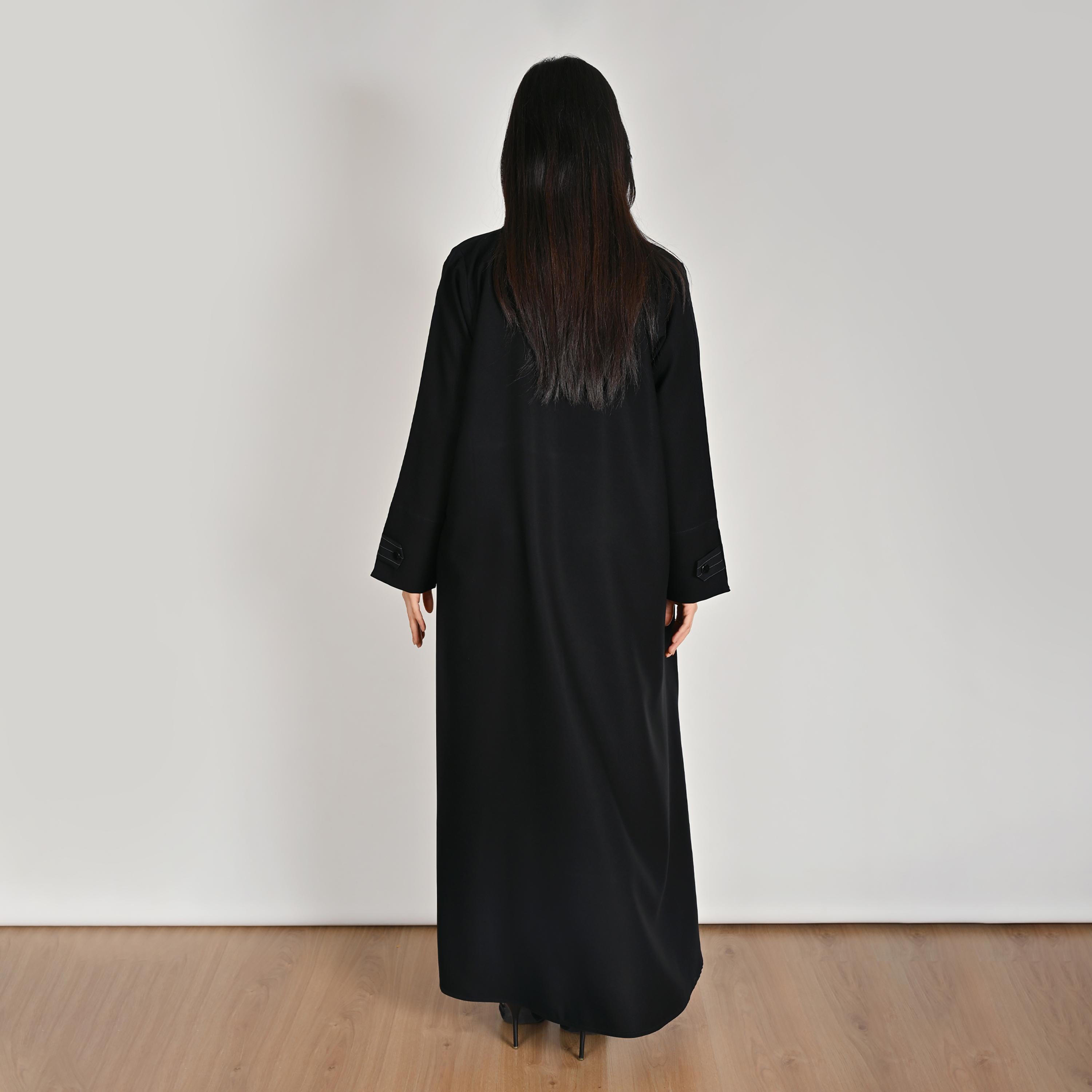 Hawraa Black Pinstripe Detail Blazer Style Women's Linen Abaya with Hijab-women-arabicclothing-abayas-image-6