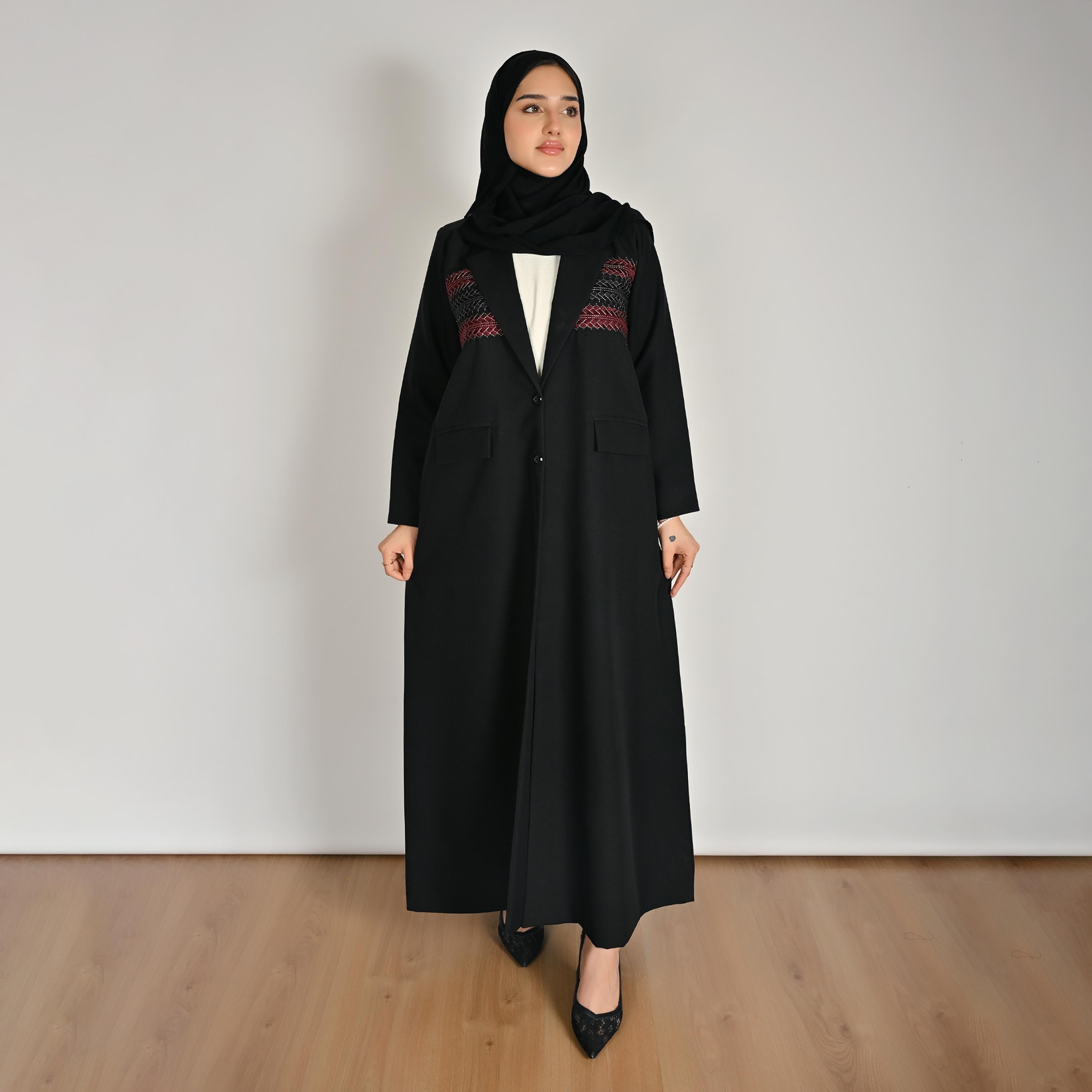 عباية كتان حريمي بتصميم بلازر وياقة مطوية (نوتش) ومطرزة باللون الأسود مع حجاب من حوراء-women-arabicclothing-abayas-image-1