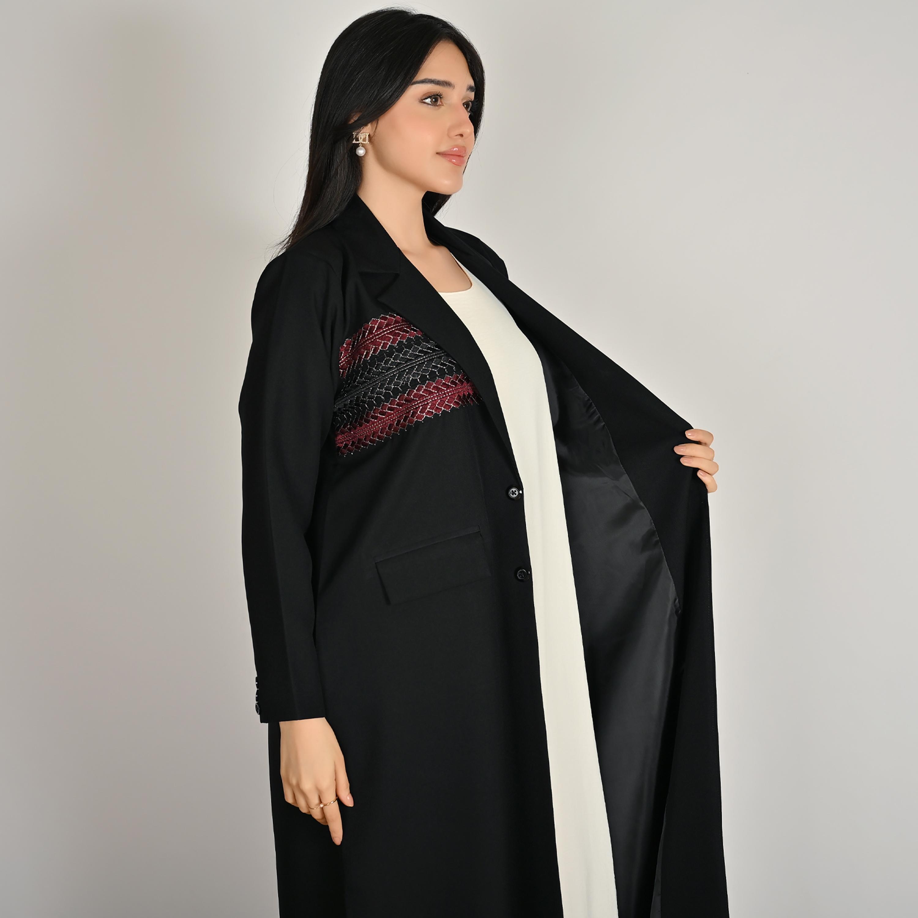 عباية كتان حريمي بتصميم بلازر وياقة مطوية (نوتش) ومطرزة باللون الأسود مع حجاب من حوراء-women-arabicclothing-abayas-image-2