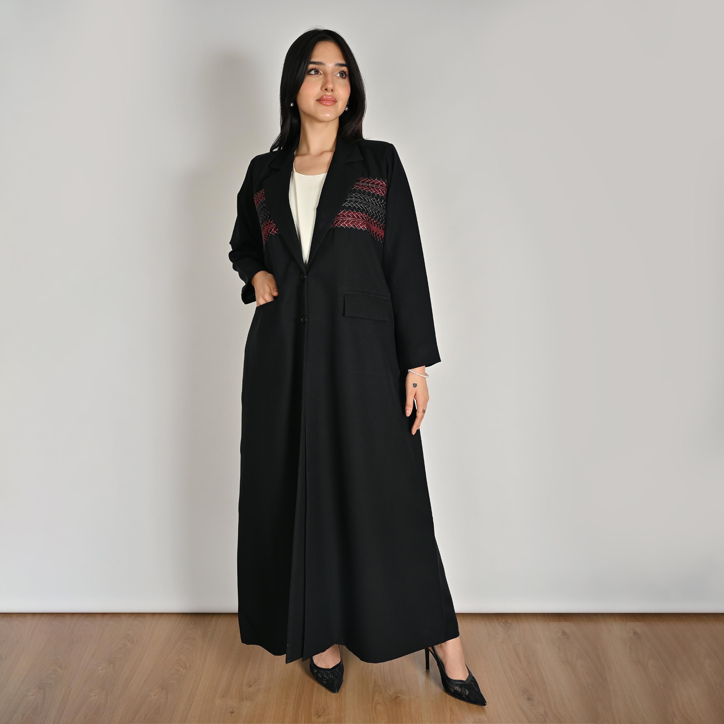 عباية كتان حريمي بتصميم بلازر وياقة مطوية (نوتش) ومطرزة باللون الأسود مع حجاب من حوراء-women-arabicclothing-abayas-image-4