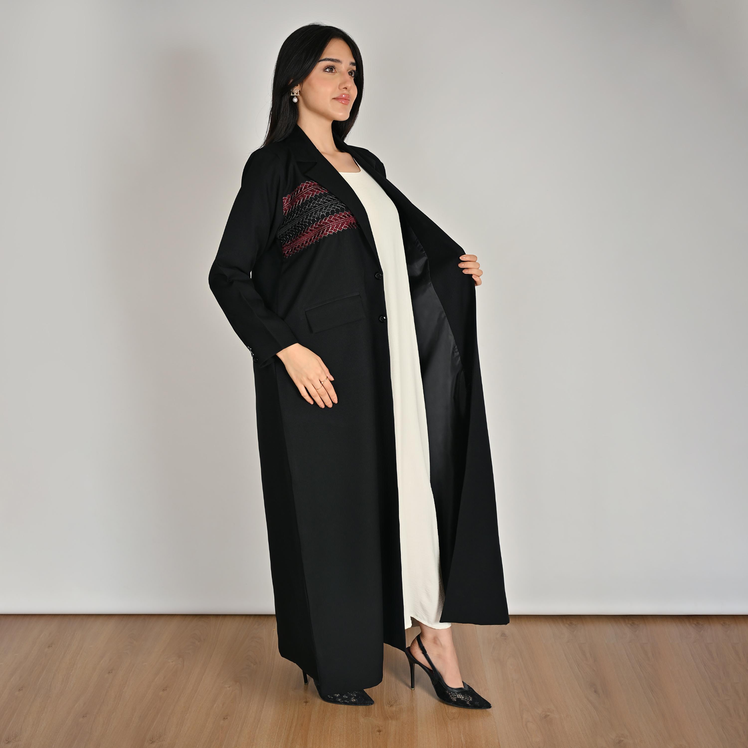 عباية كتان حريمي بتصميم بلازر وياقة مطوية (نوتش) ومطرزة باللون الأسود مع حجاب من حوراء-women-arabicclothing-abayas-image-5