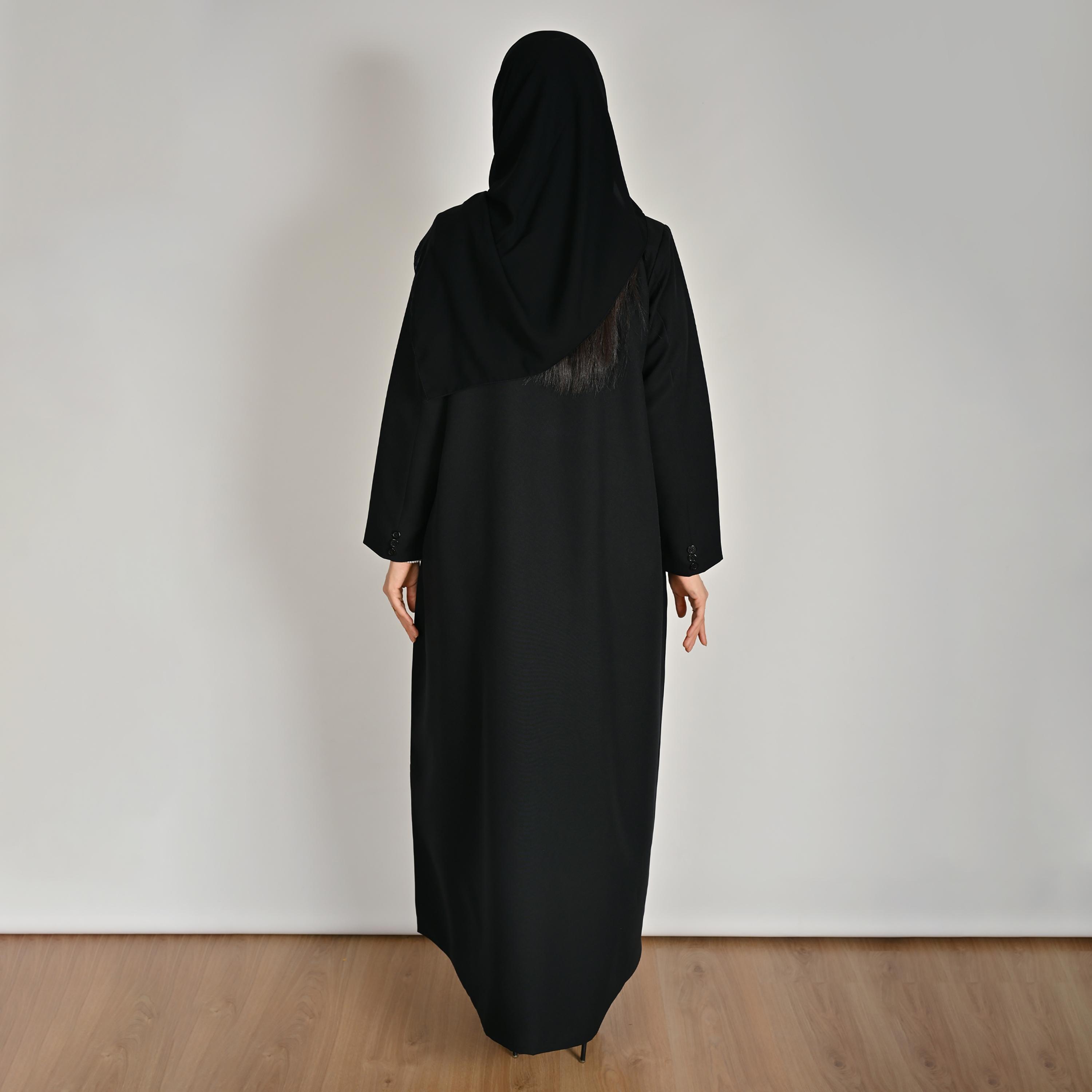 عباية كتان حريمي بتصميم بلازر وياقة مطوية (نوتش) ومطرزة باللون الأسود مع حجاب من حوراء-women-arabicclothing-abayas-image-6