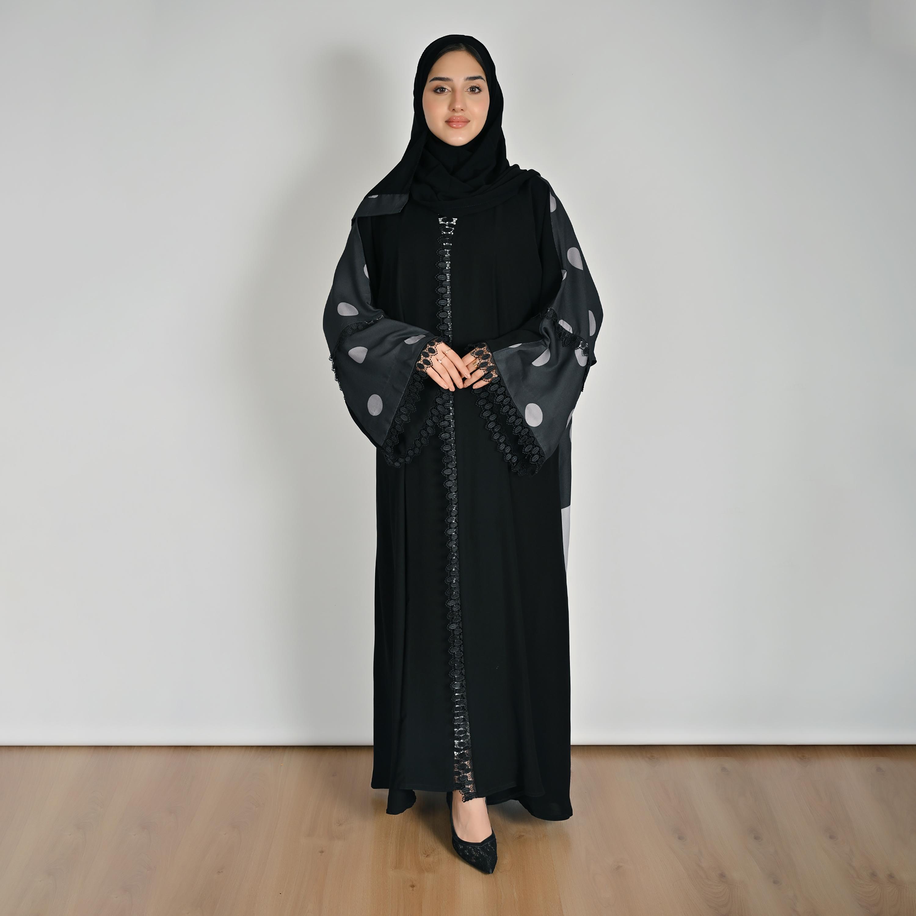 عباية كتان حريمي بأكمام واسعة ونقشة منقطة متعددة الألوان مع حجاب من حوراء-women-arabicclothing-abayas-image-1