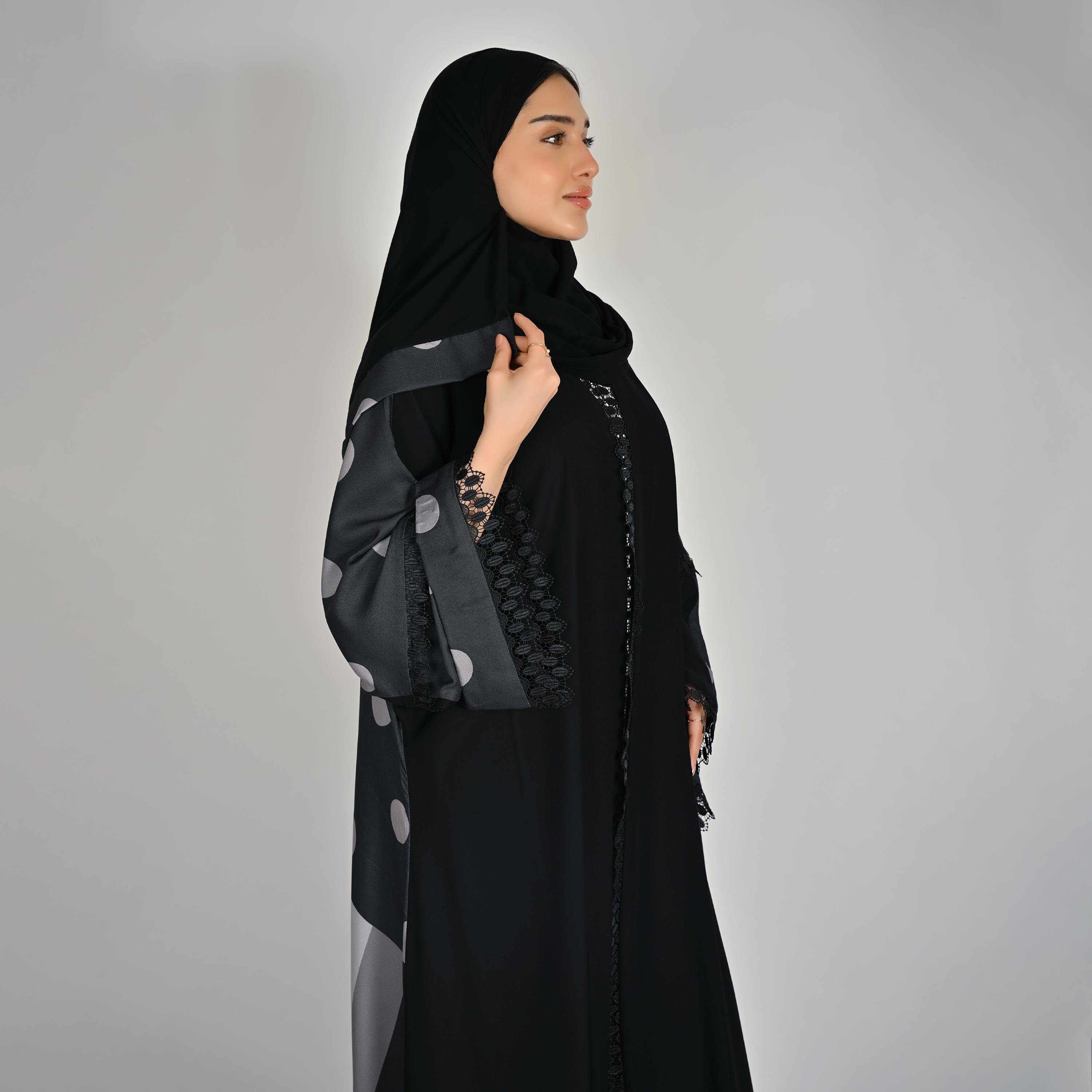 عباية كتان حريمي بأكمام واسعة ونقشة منقطة متعددة الألوان مع حجاب من حوراء-women-arabicclothing-abayas-image-2