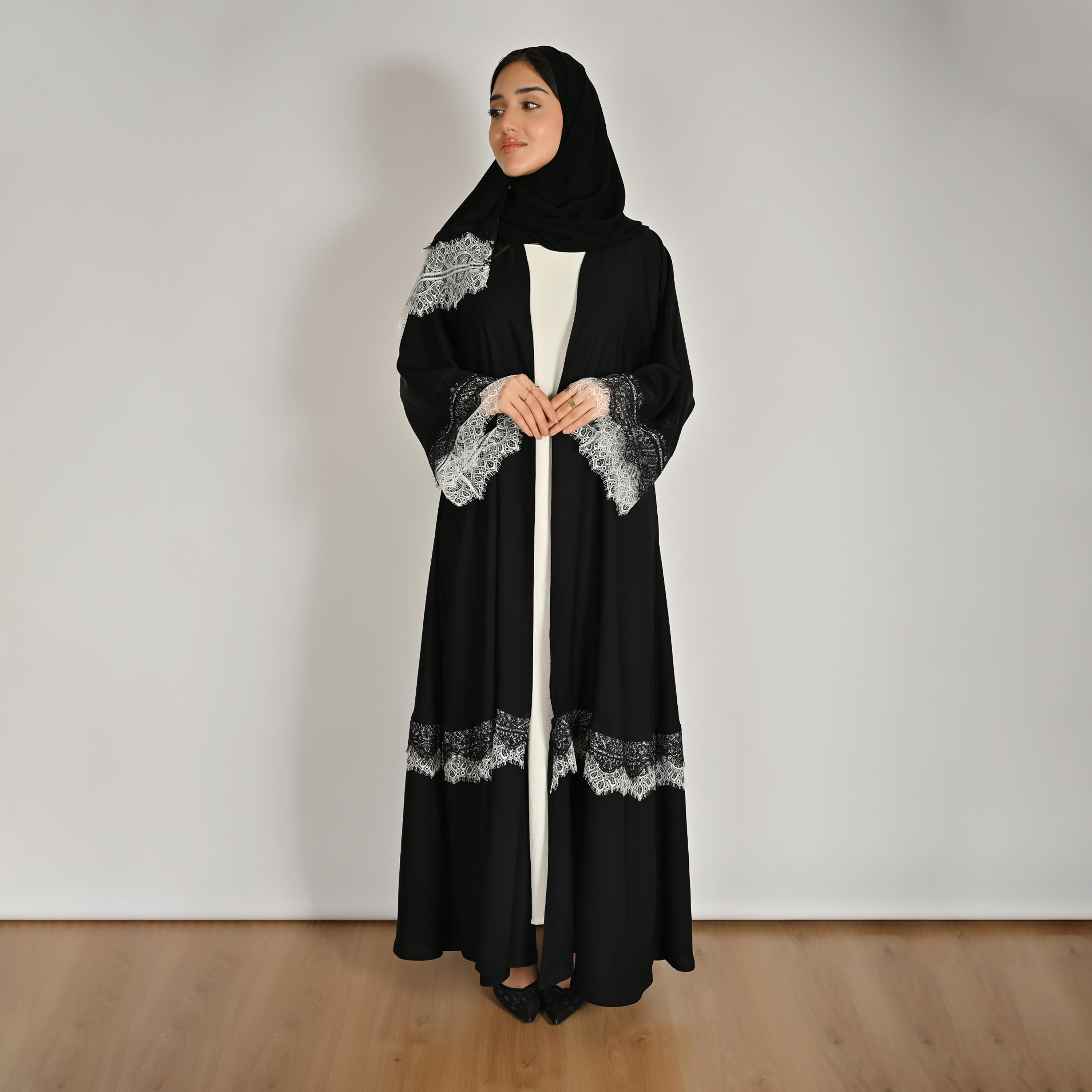 Hawraa Black Wide Sleeves Lace Detail Open Front Women's Linen Abaya with Hijab-women-arabicclothing-abayas-image-1