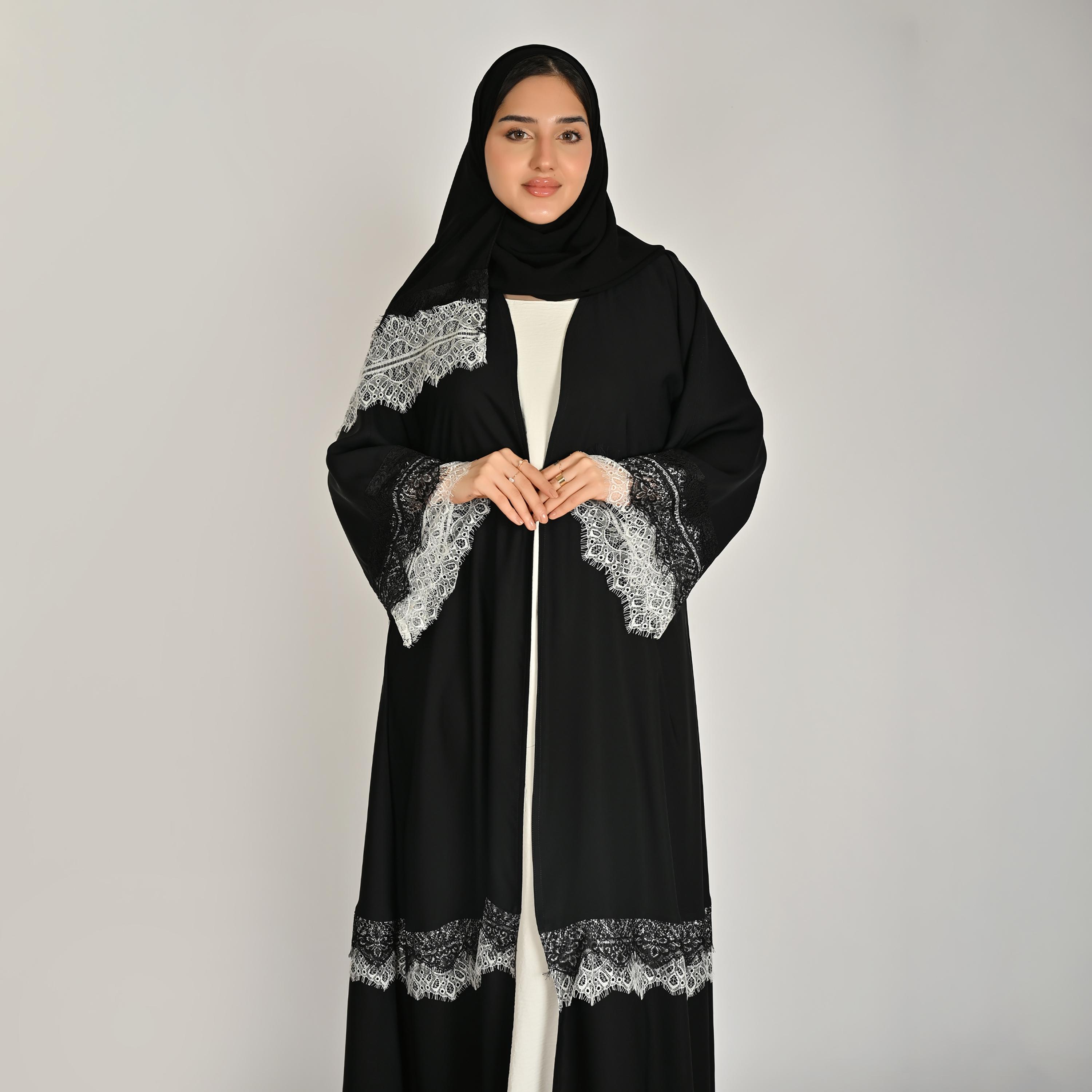 Hawraa Black Wide Sleeves Lace Detail Open Front Women's Linen Abaya with Hijab-women-arabicclothing-abayas-image-2