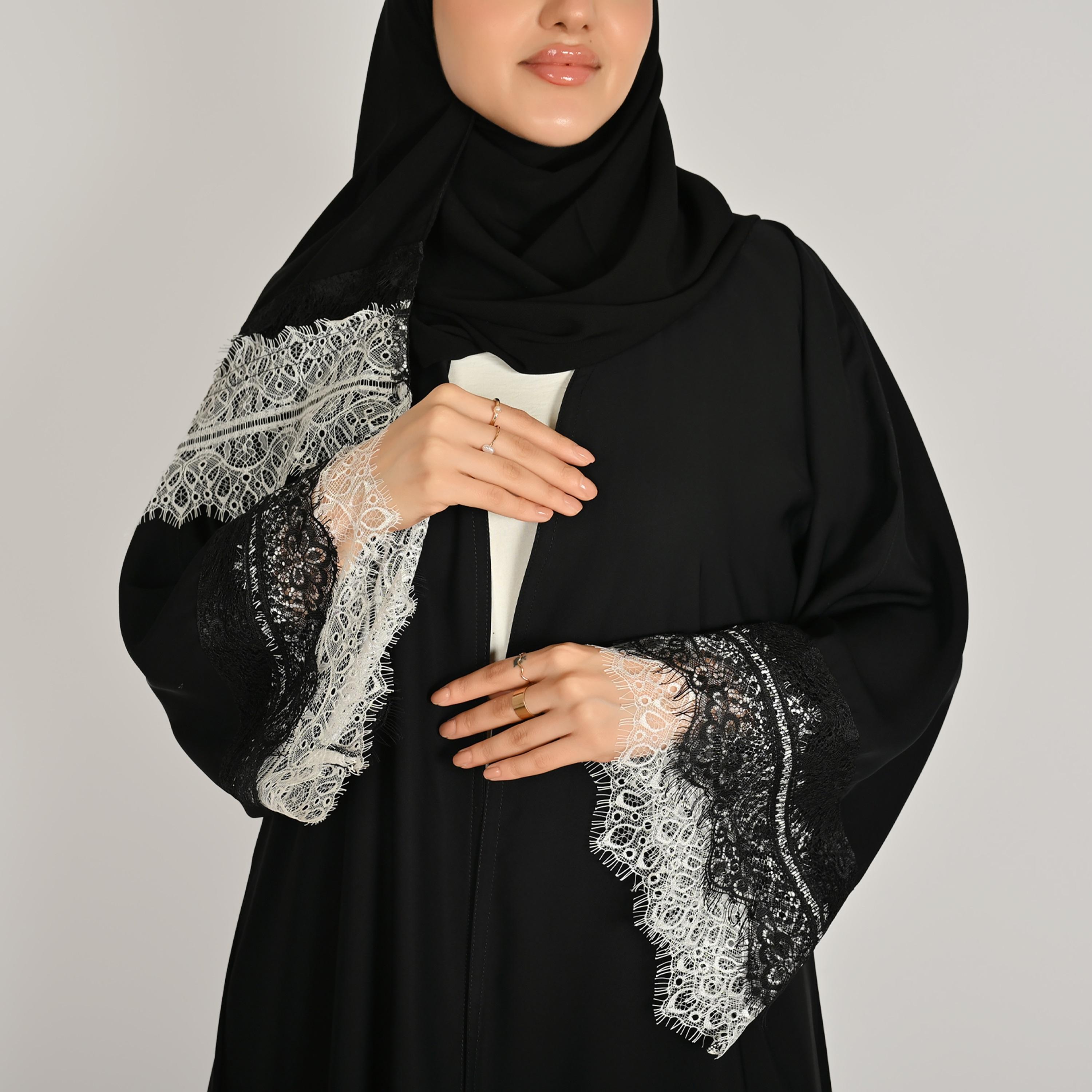 Hawraa Black Wide Sleeves Lace Detail Open Front Women's Linen Abaya with Hijab-women-arabicclothing-abayas-image-3