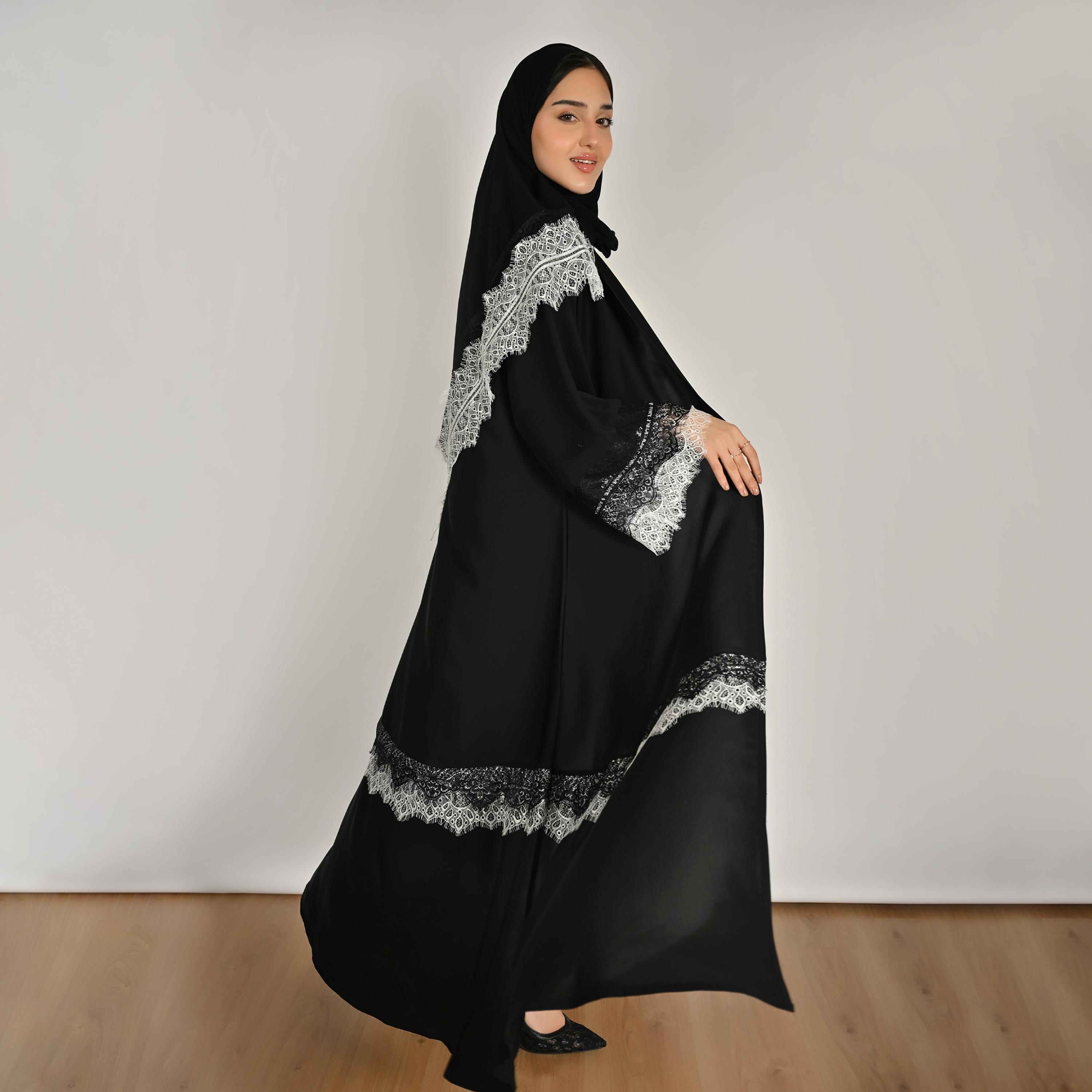 Hawraa Black Wide Sleeves Lace Detail Open Front Women's Linen Abaya with Hijab-women-arabicclothing-abayas-image-4