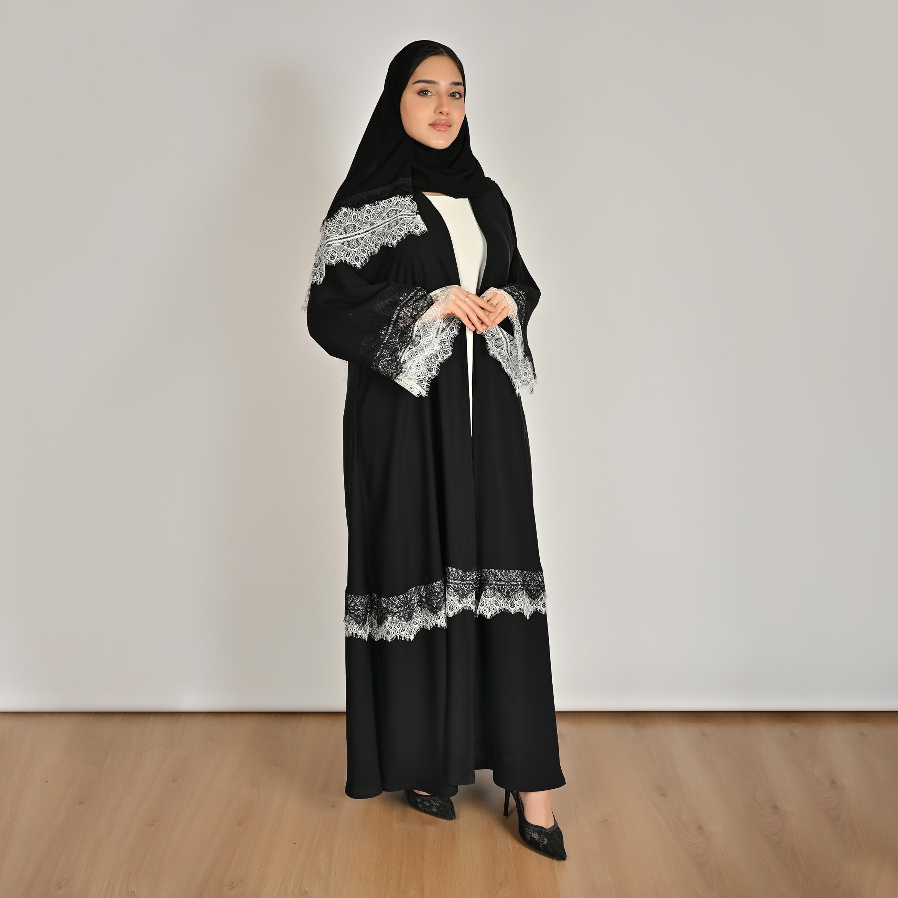 Hawraa Black Wide Sleeves Lace Detail Open Front Women's Linen Abaya with Hijab-women-arabicclothing-abayas-image-5