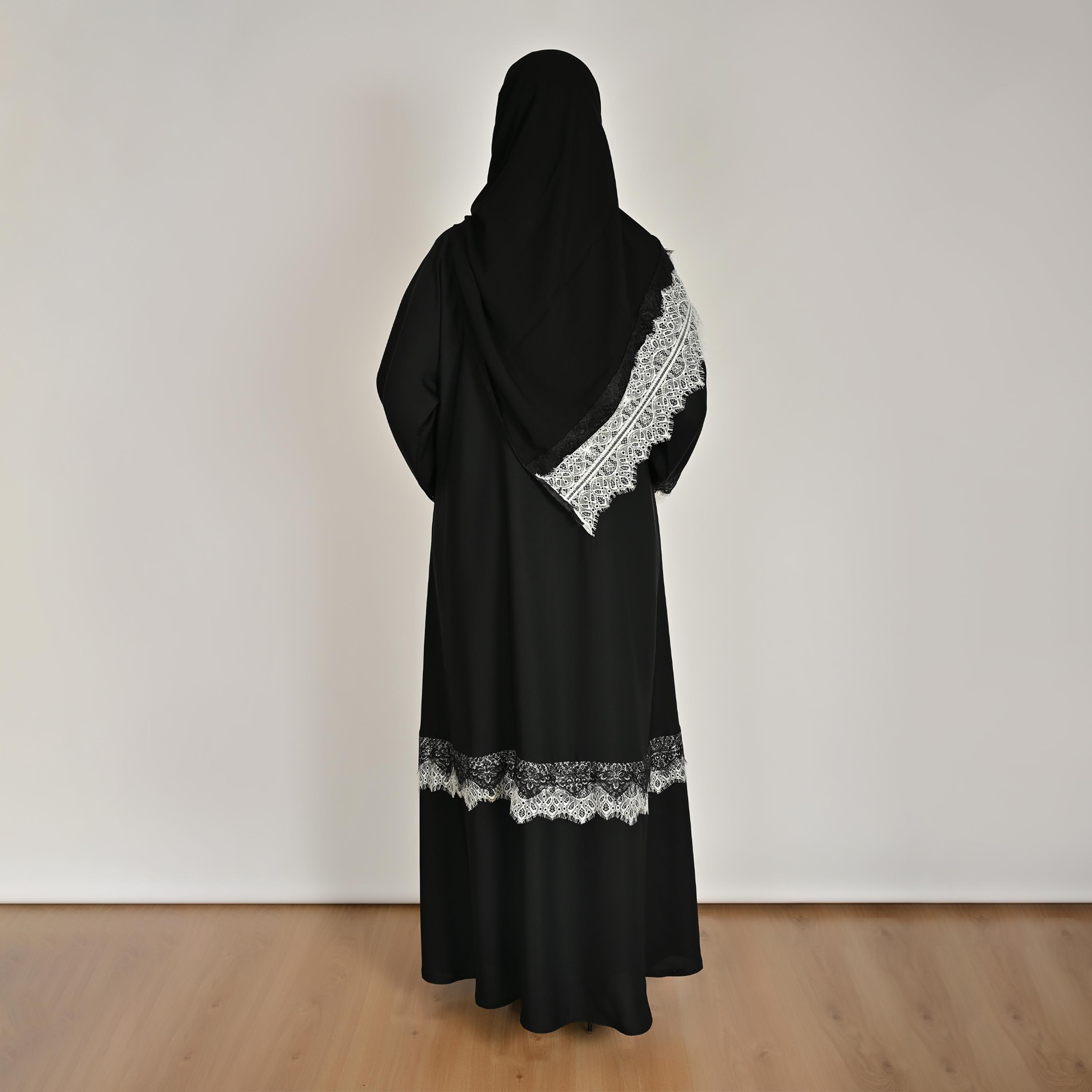 Hawraa Black Wide Sleeves Lace Detail Open Front Women's Linen Abaya with Hijab-women-arabicclothing-abayas-image-6