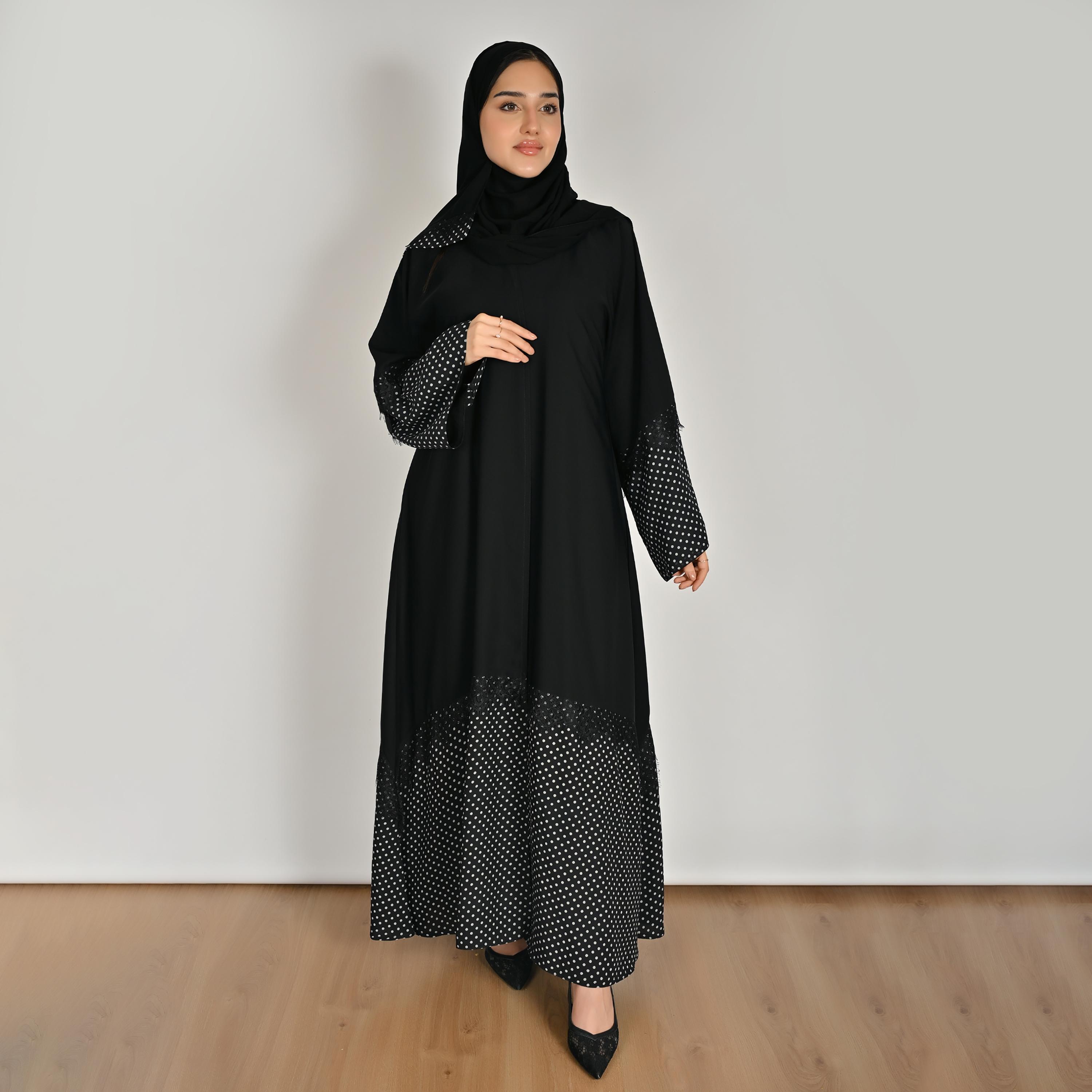 عباية كتان حريمي بأكمام واسعة ونقشة منقطة باللون الأسود مع حجاب من حوراء-women-arabicclothing-abayas-image-1