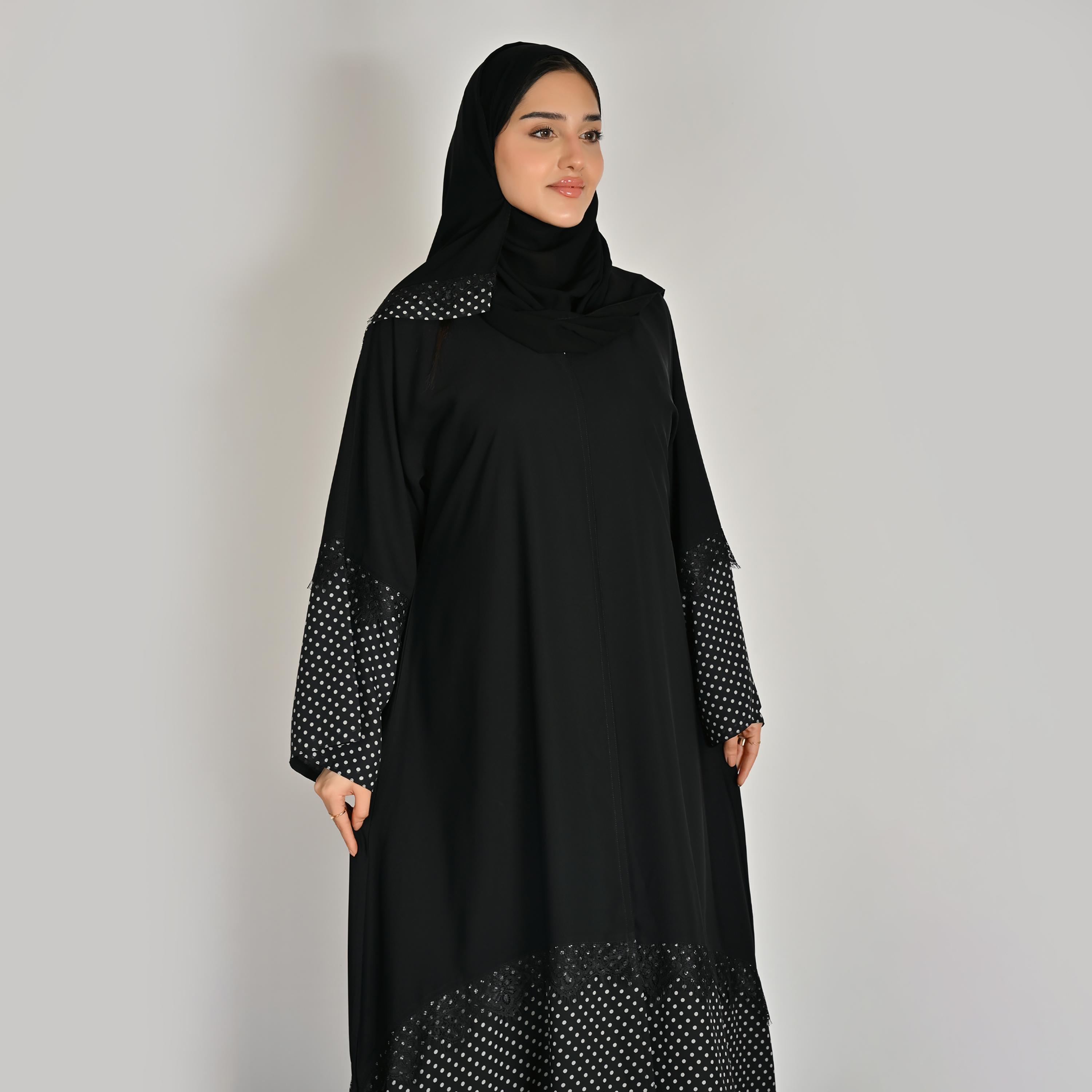 عباية كتان حريمي بأكمام واسعة ونقشة منقطة باللون الأسود مع حجاب من حوراء-women-arabicclothing-abayas-image-2