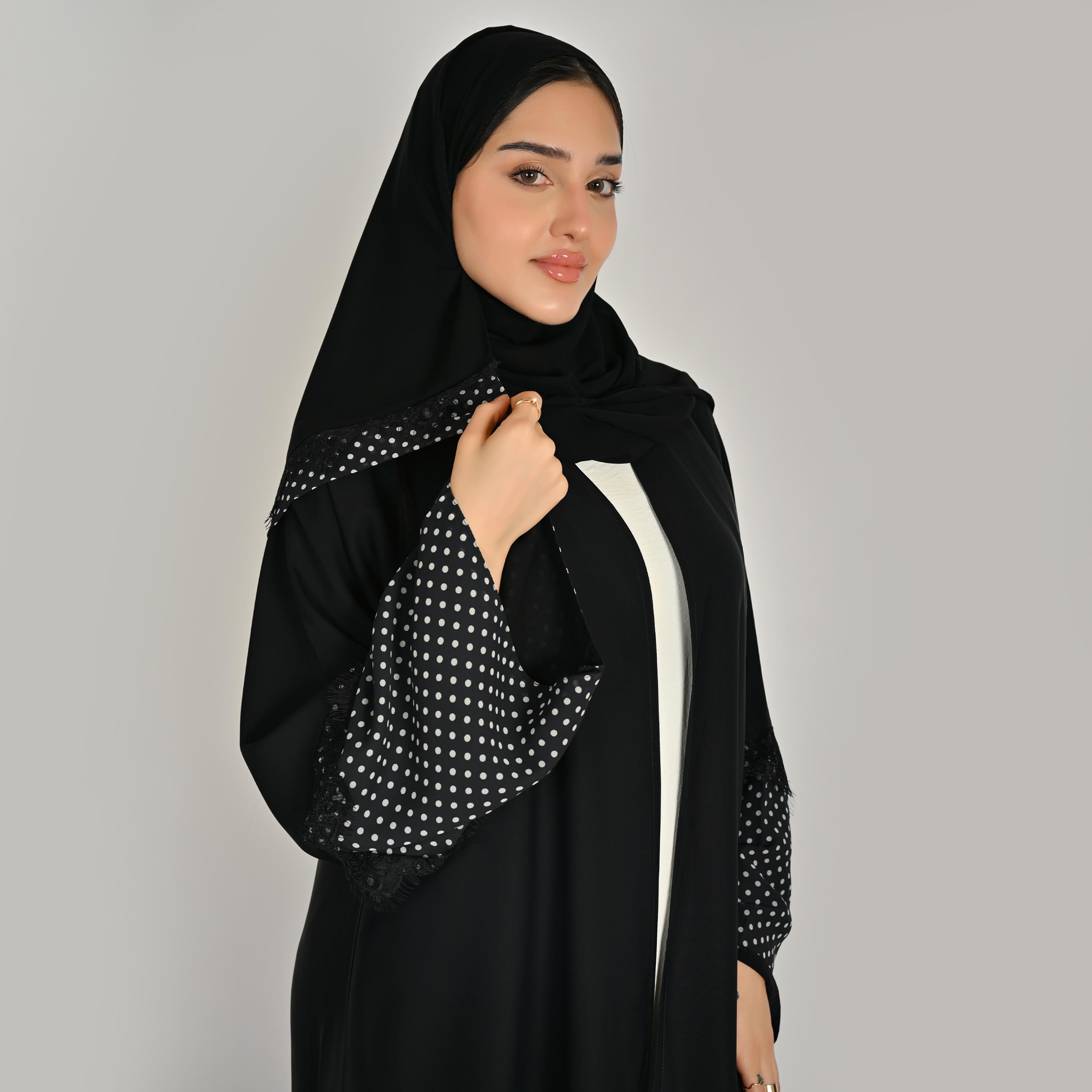 عباية كتان حريمي بأكمام واسعة ونقشة منقطة باللون الأسود مع حجاب من حوراء-women-arabicclothing-abayas-image-3