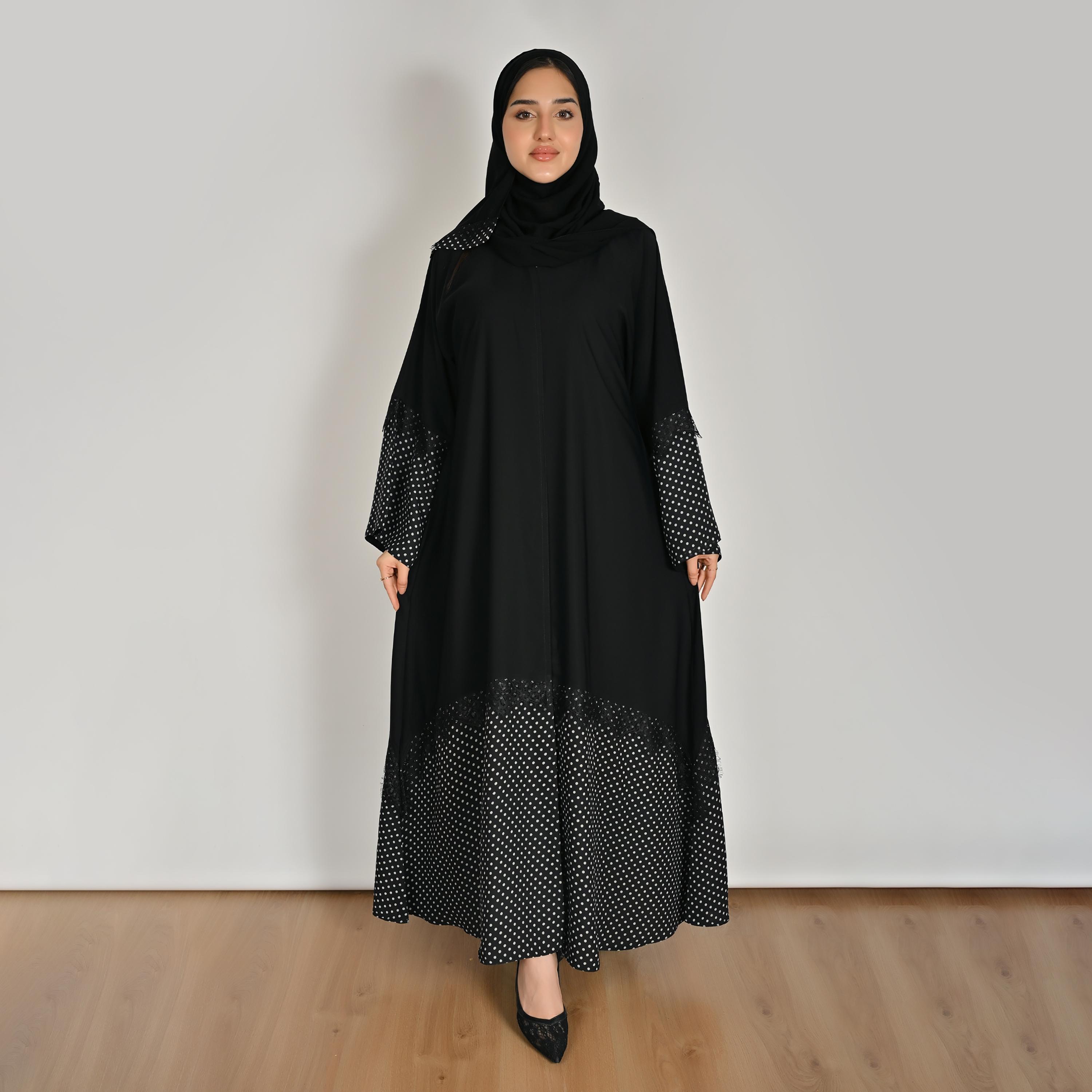 عباية كتان حريمي بأكمام واسعة ونقشة منقطة باللون الأسود مع حجاب من حوراء-women-arabicclothing-abayas-image-6