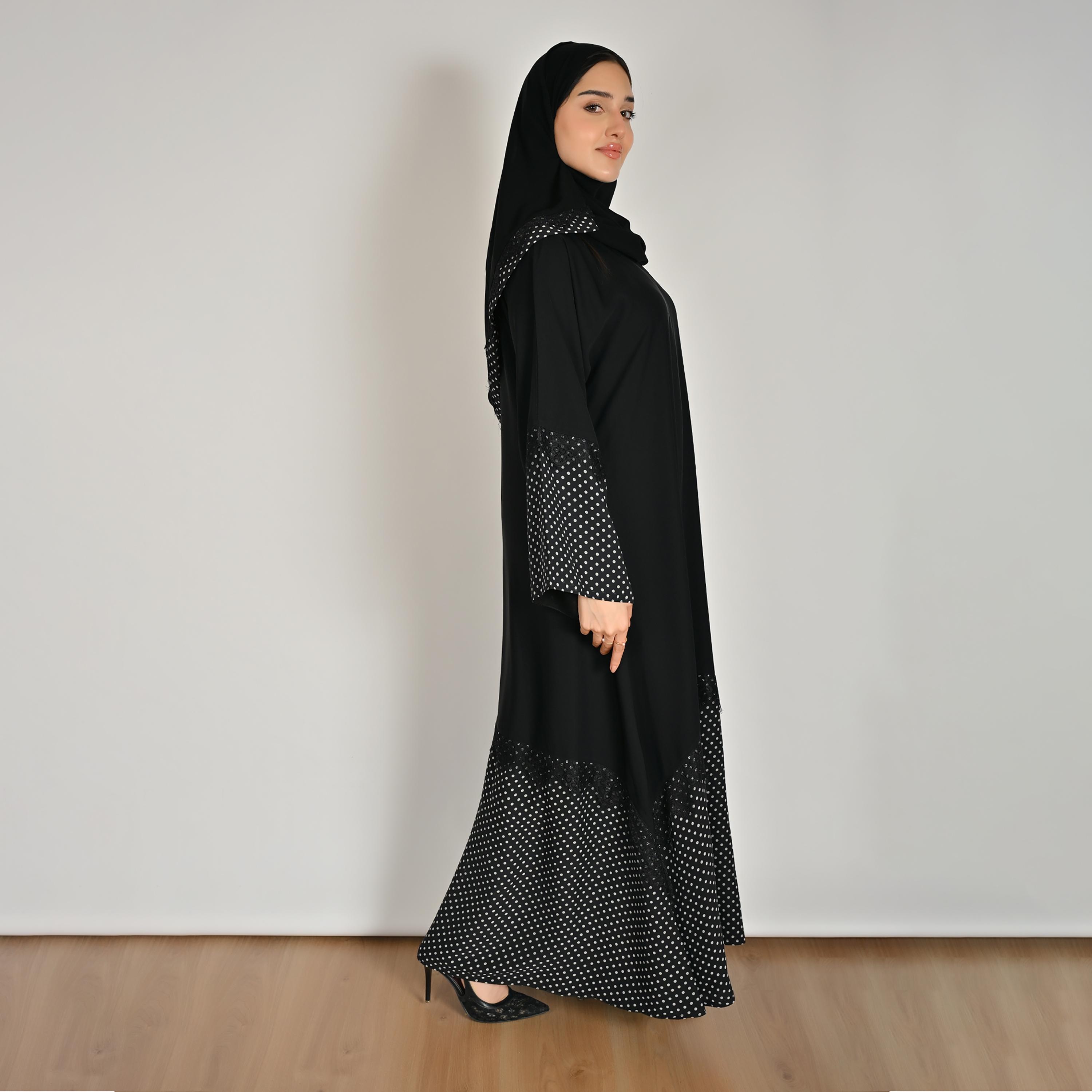 عباية كتان حريمي بأكمام واسعة ونقشة منقطة باللون الأسود مع حجاب من حوراء-women-arabicclothing-abayas-image-7