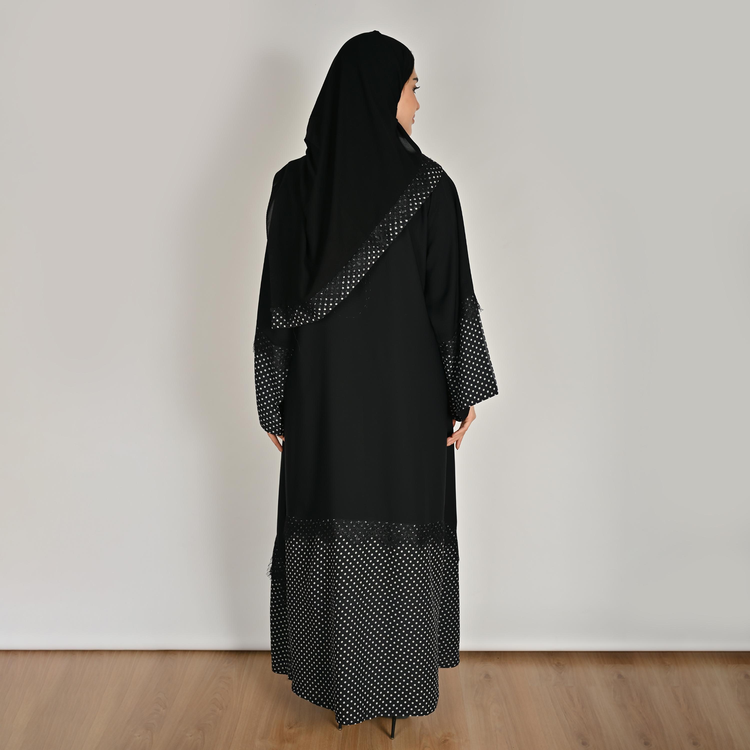 عباية كتان حريمي بأكمام واسعة ونقشة منقطة باللون الأسود مع حجاب من حوراء-women-arabicclothing-abayas-image-8