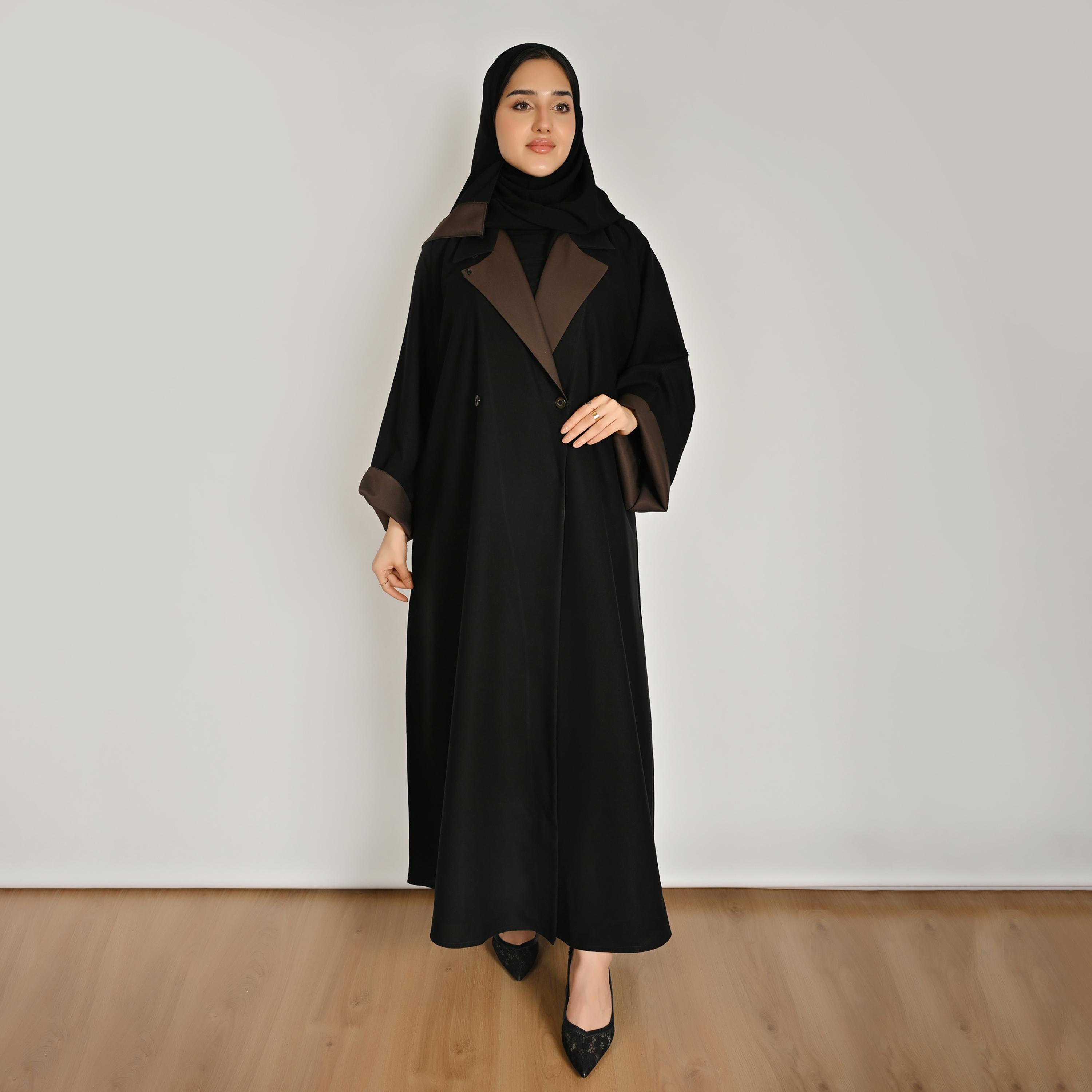 Hawraa Black Notch Lapel Collar Women's Blazer Linen Abaya with Hijab-women-arabicclothing-abayas-image-1