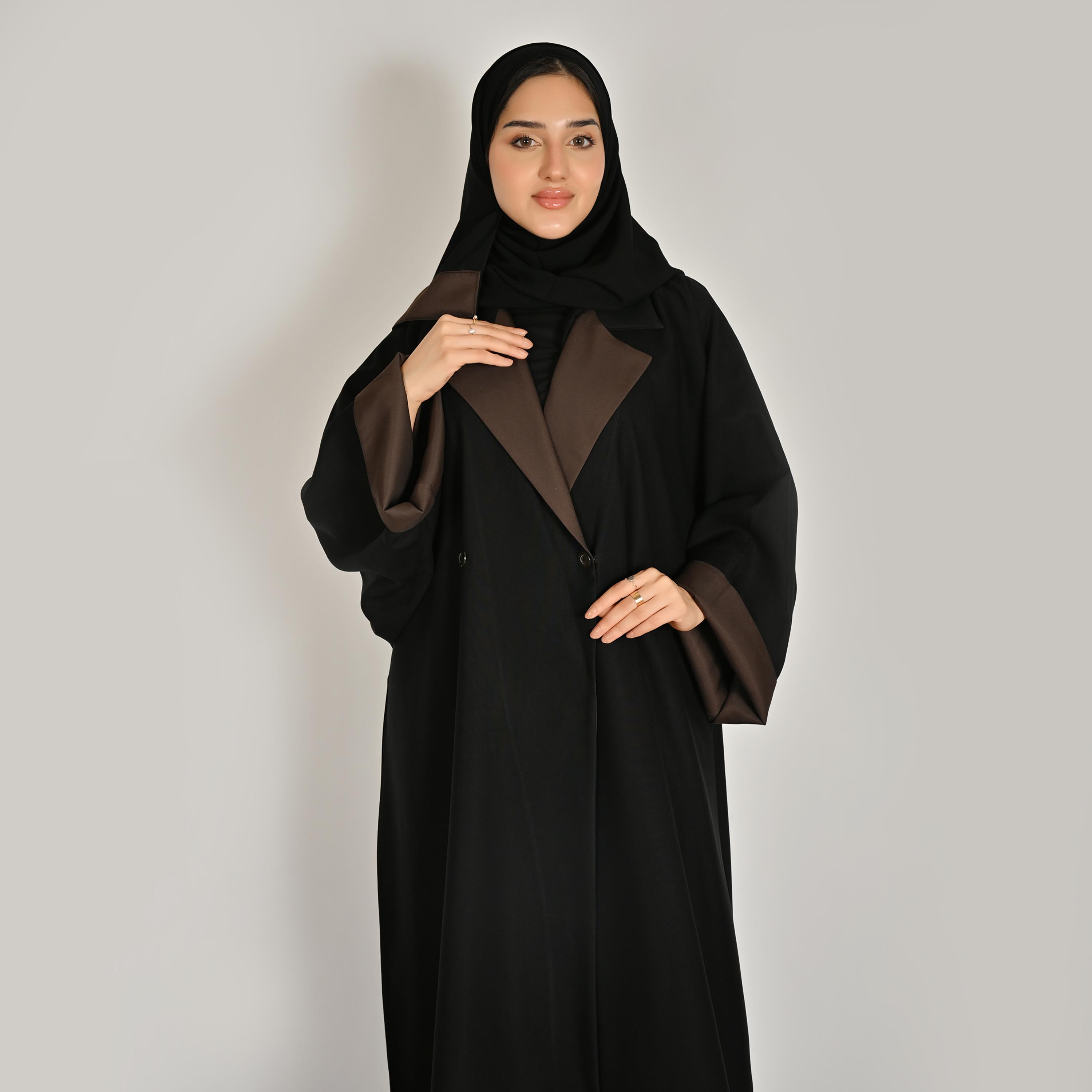 Hawraa Black Notch Lapel Collar Women's Blazer Linen Abaya with Hijab-women-arabicclothing-abayas-image-3