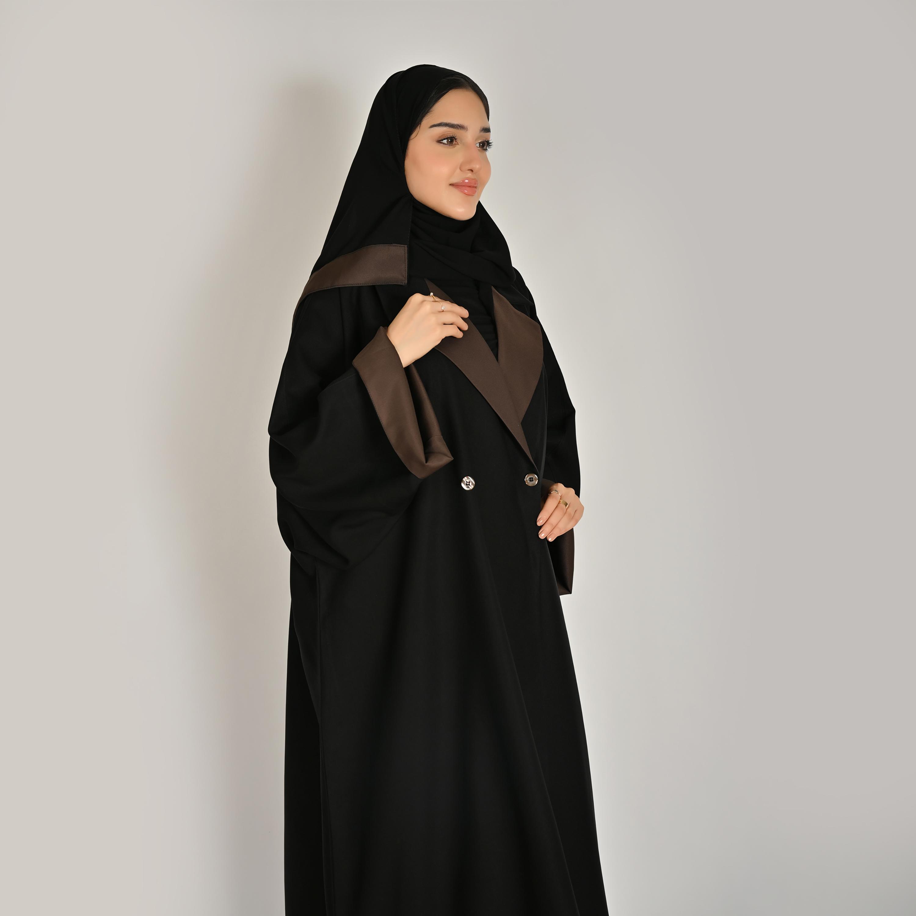 Hawraa Black Notch Lapel Collar Women's Blazer Linen Abaya with Hijab-women-arabicclothing-abayas-image-5