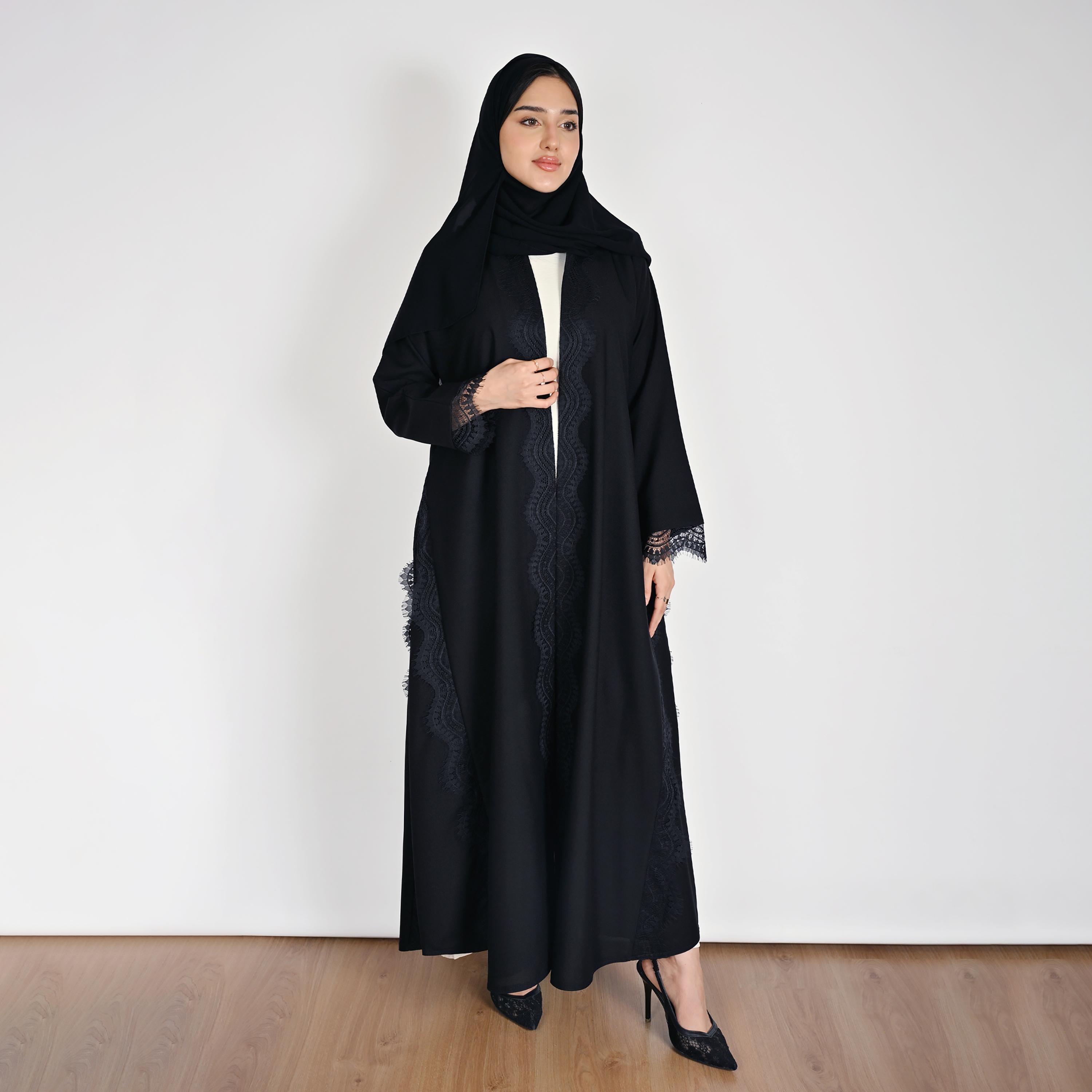 Hawraa Black Lace Trimmed Open Front Women's Linen Abaya with Hijab-women-arabicclothing-abayas-image-1