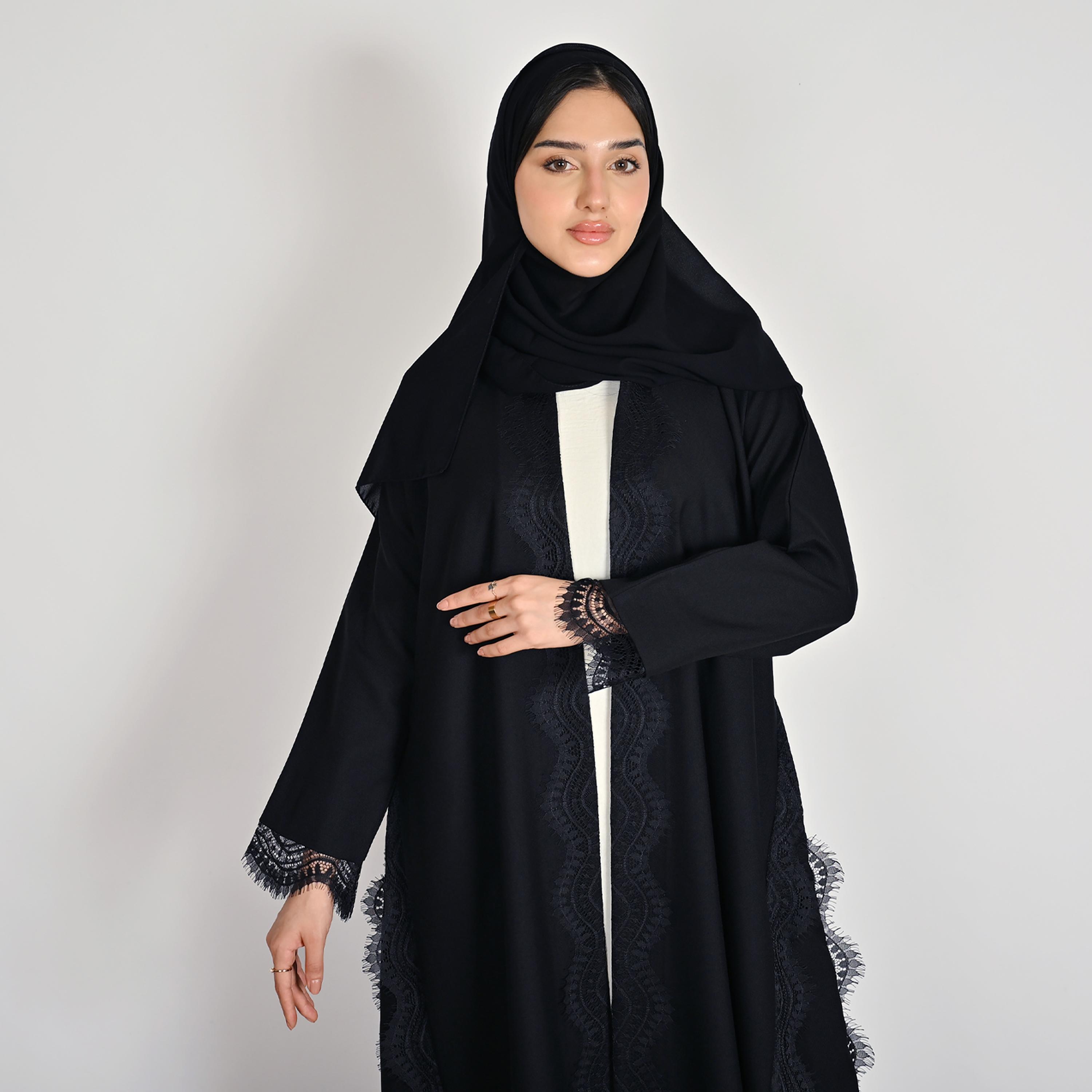 Hawraa Black Lace Trimmed Open Front Women's Linen Abaya with Hijab-women-arabicclothing-abayas-image-2