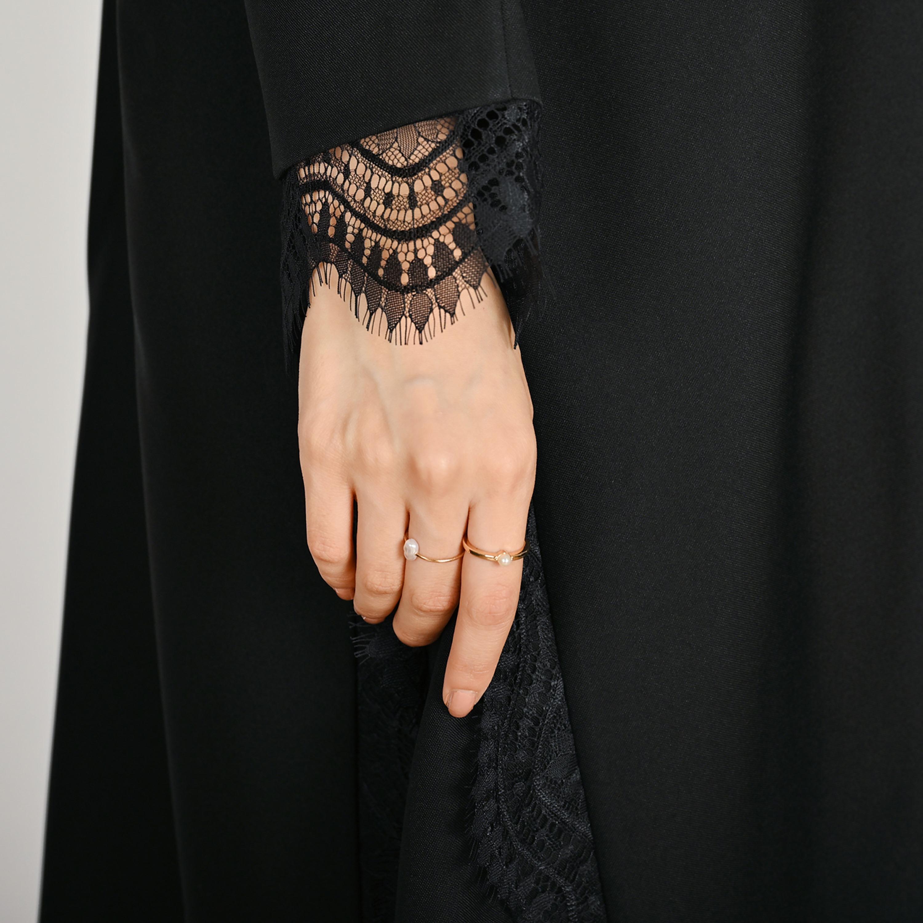 Hawraa Black Lace Trimmed Open Front Women's Linen Abaya with Hijab-women-arabicclothing-abayas-image-3