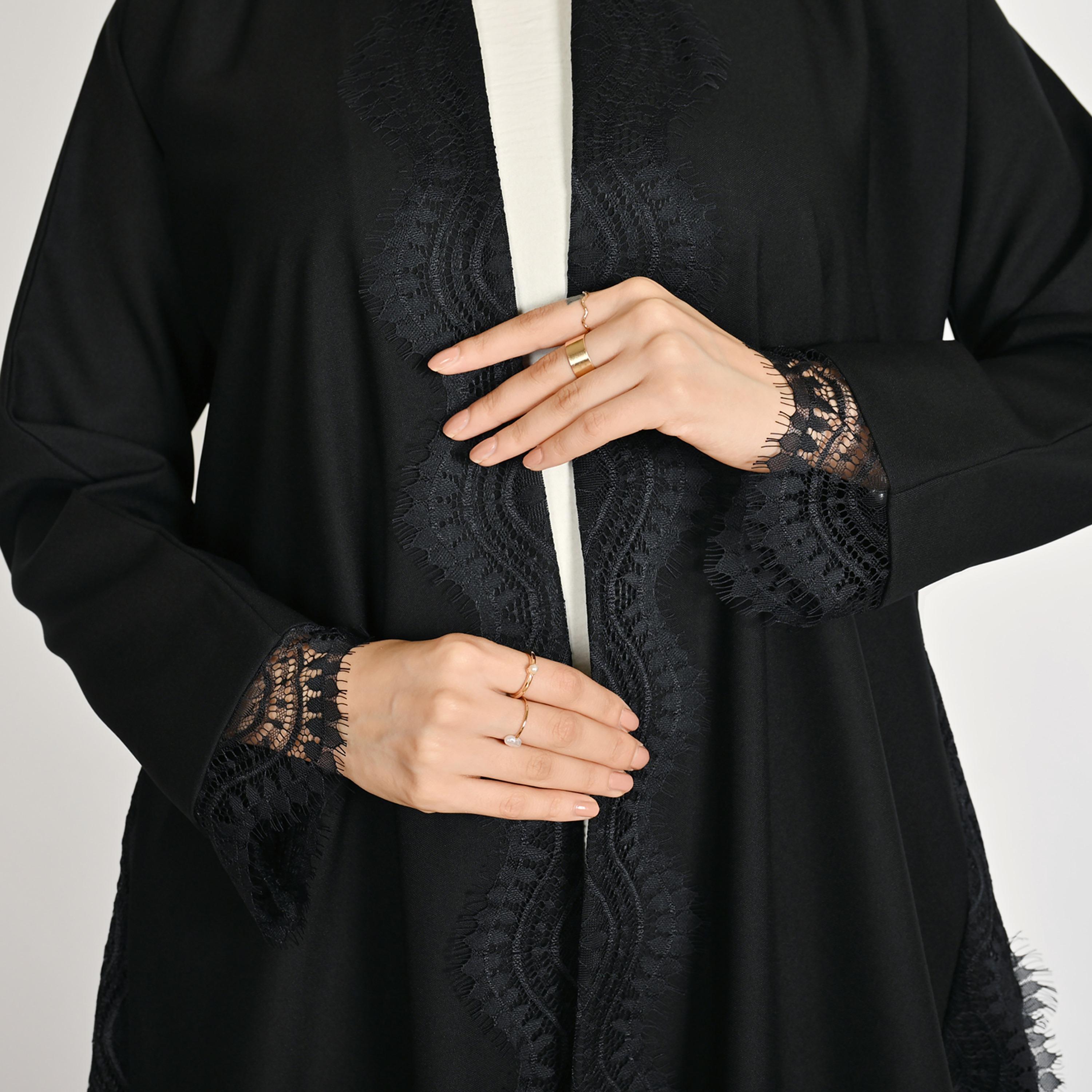 Hawraa Black Lace Trimmed Open Front Women's Linen Abaya with Hijab-women-arabicclothing-abayas-image-4
