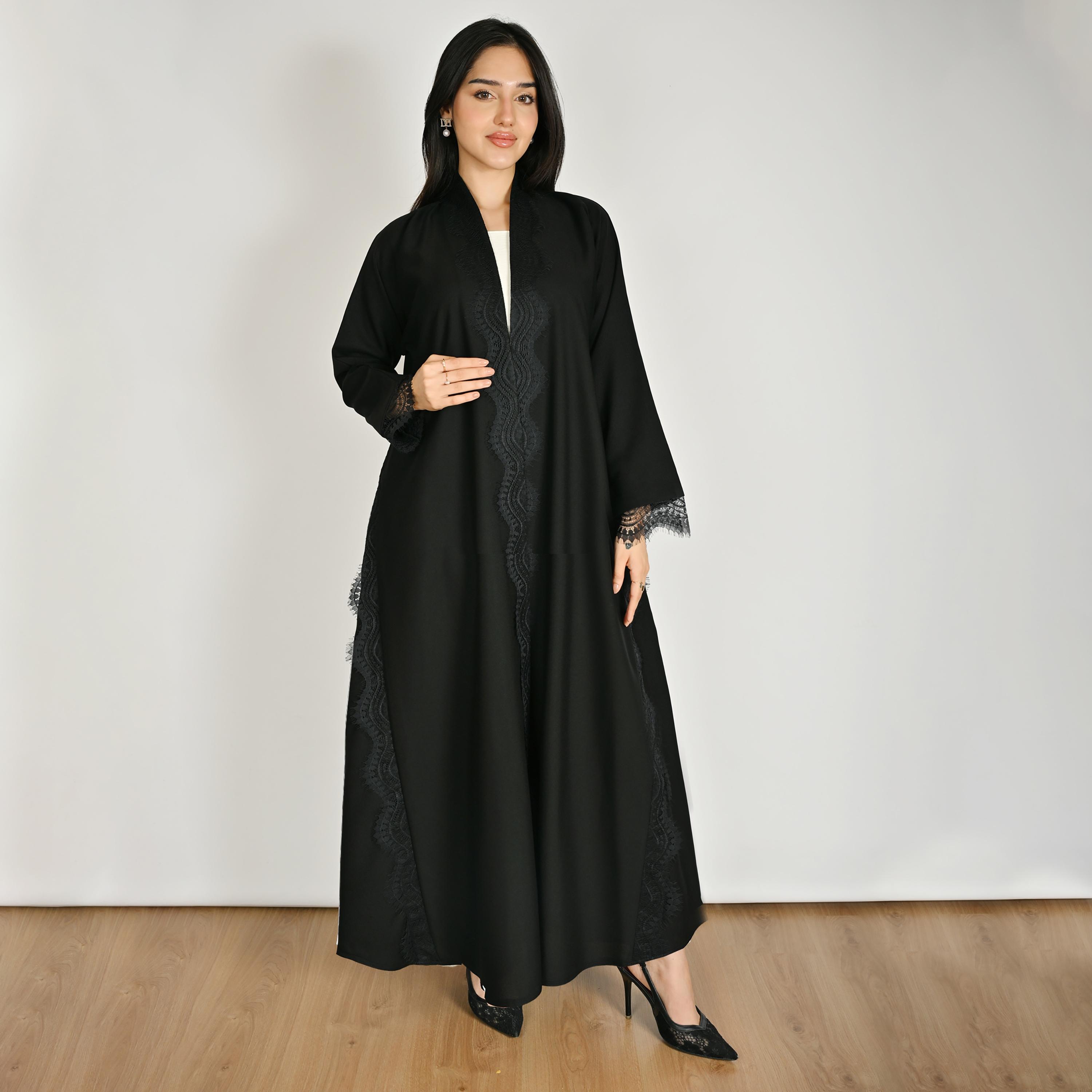 Hawraa Black Lace Trimmed Open Front Women's Linen Abaya with Hijab-women-arabicclothing-abayas-image-5