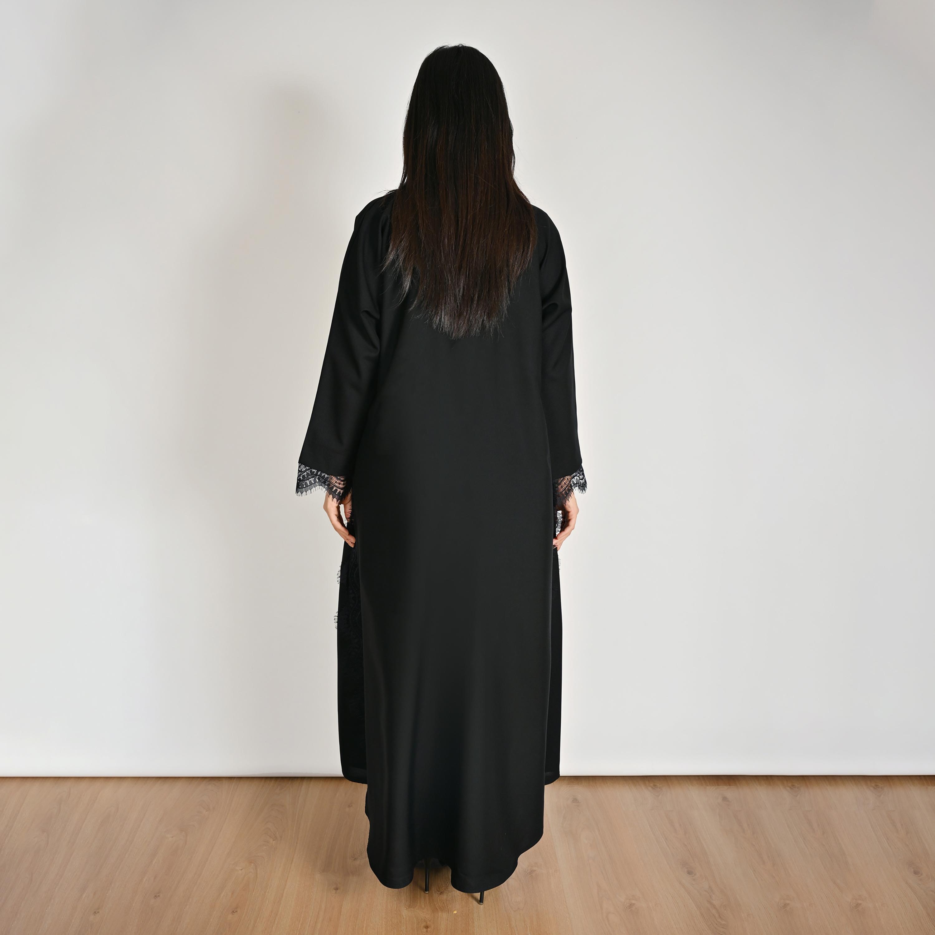 Hawraa Black Lace Trimmed Open Front Women's Linen Abaya with Hijab-women-arabicclothing-abayas-image-6
