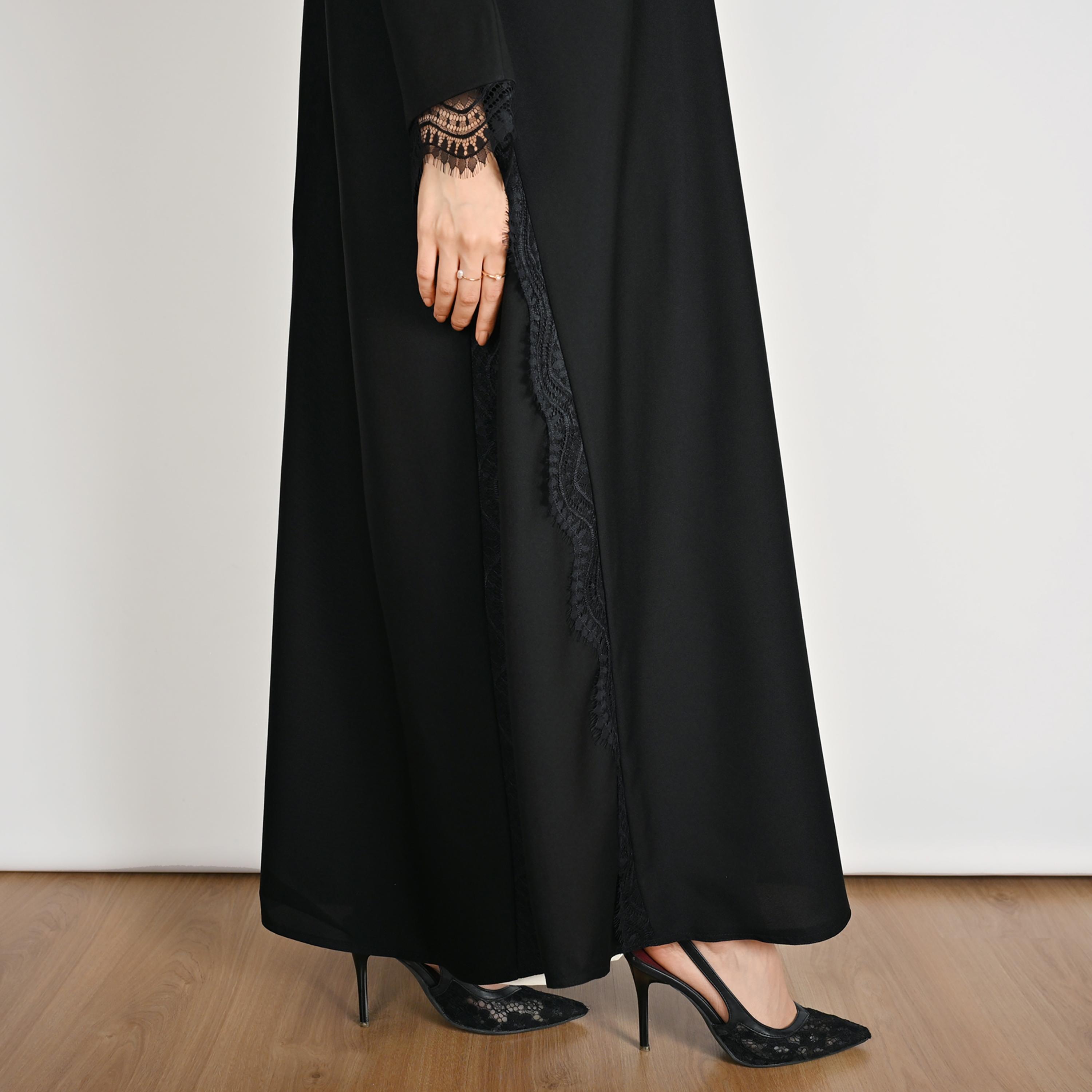 Hawraa Black Lace Trimmed Open Front Women's Linen Abaya with Hijab-women-arabicclothing-abayas-image-7