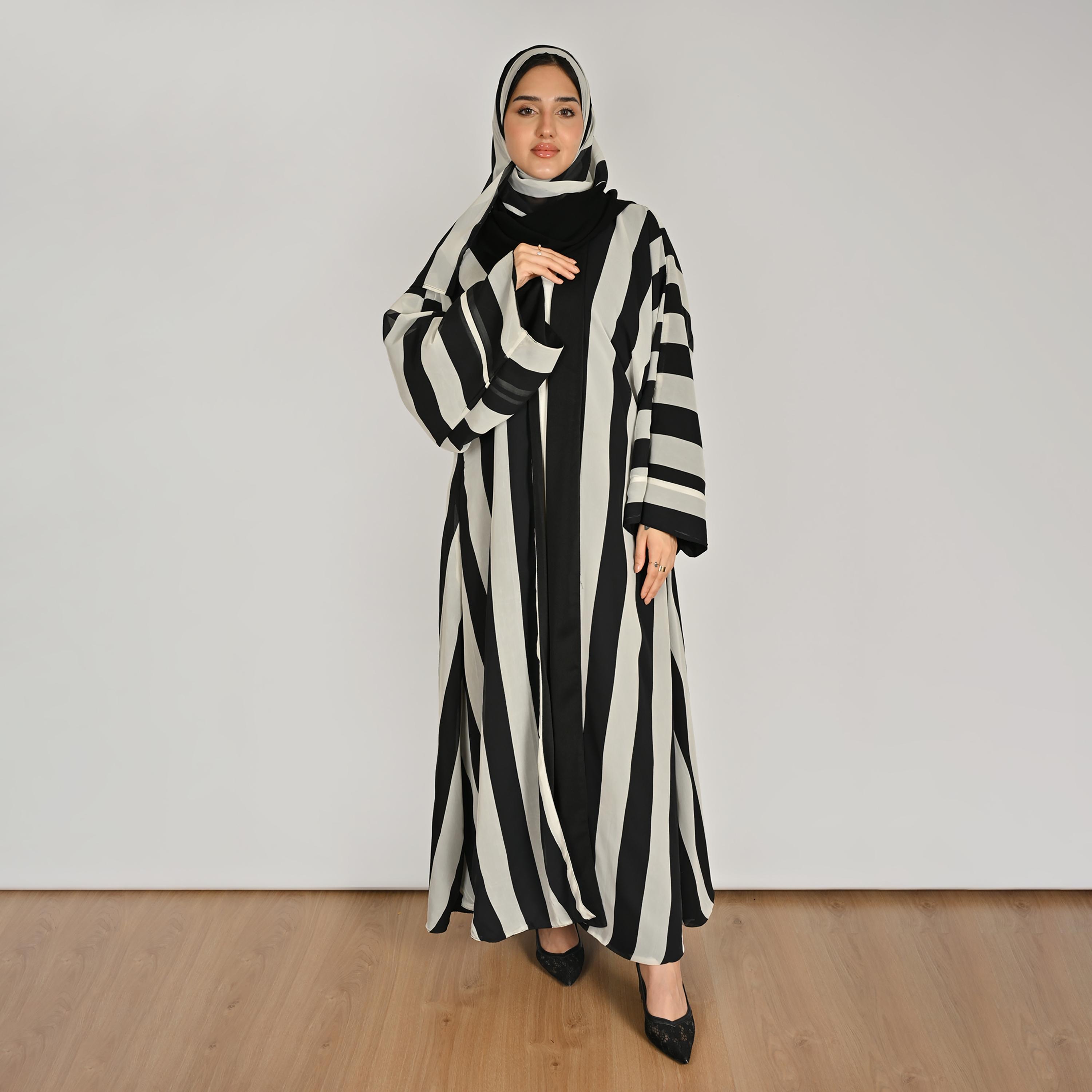 Hawraa Multicolour Wide Sleeves Striped Women's Double Face Linen Abaya with Hijab-women-arabicclothing-abayas-image-1