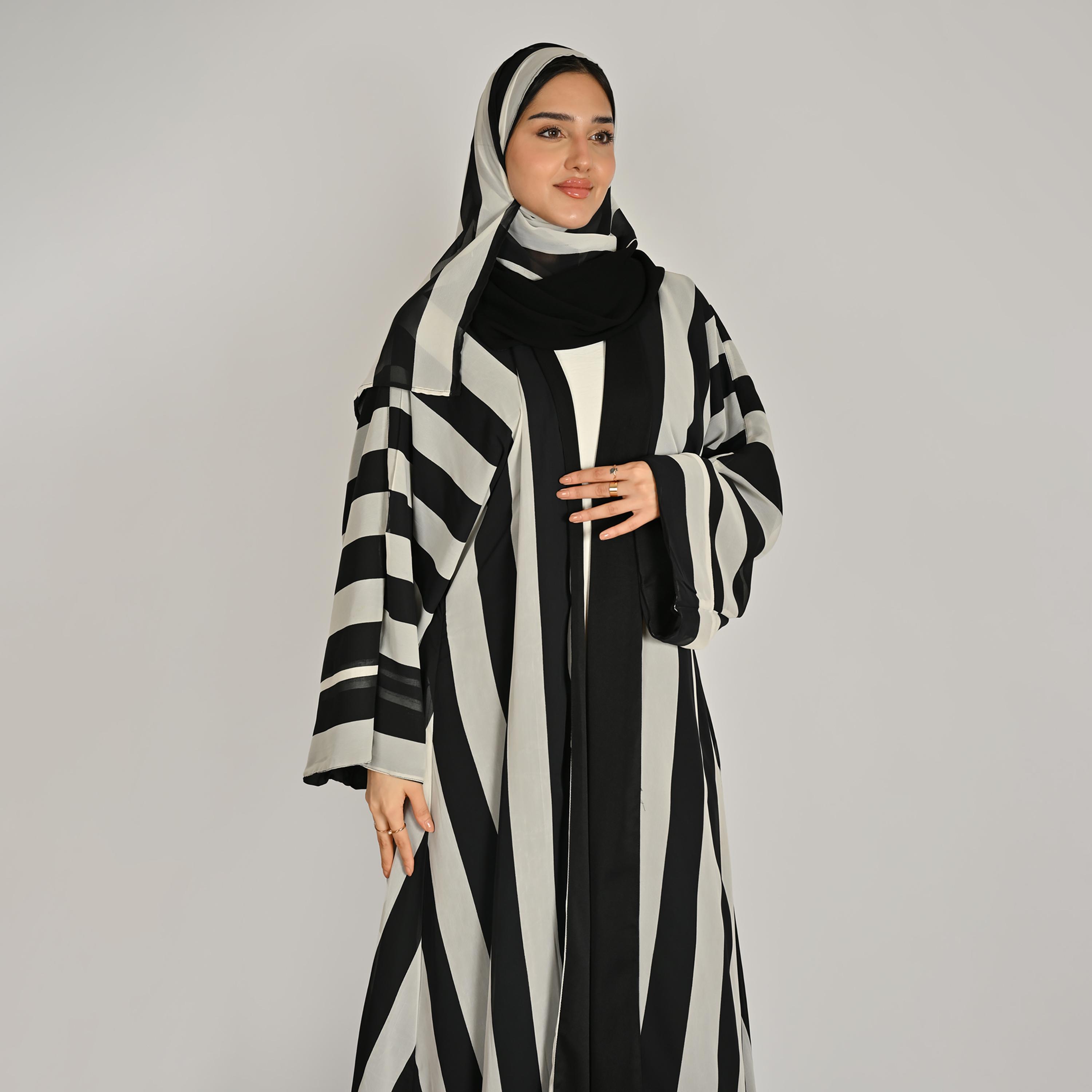 Hawraa Multicolour Wide Sleeves Striped Women's Double Face Linen Abaya with Hijab-women-arabicclothing-abayas-image-2