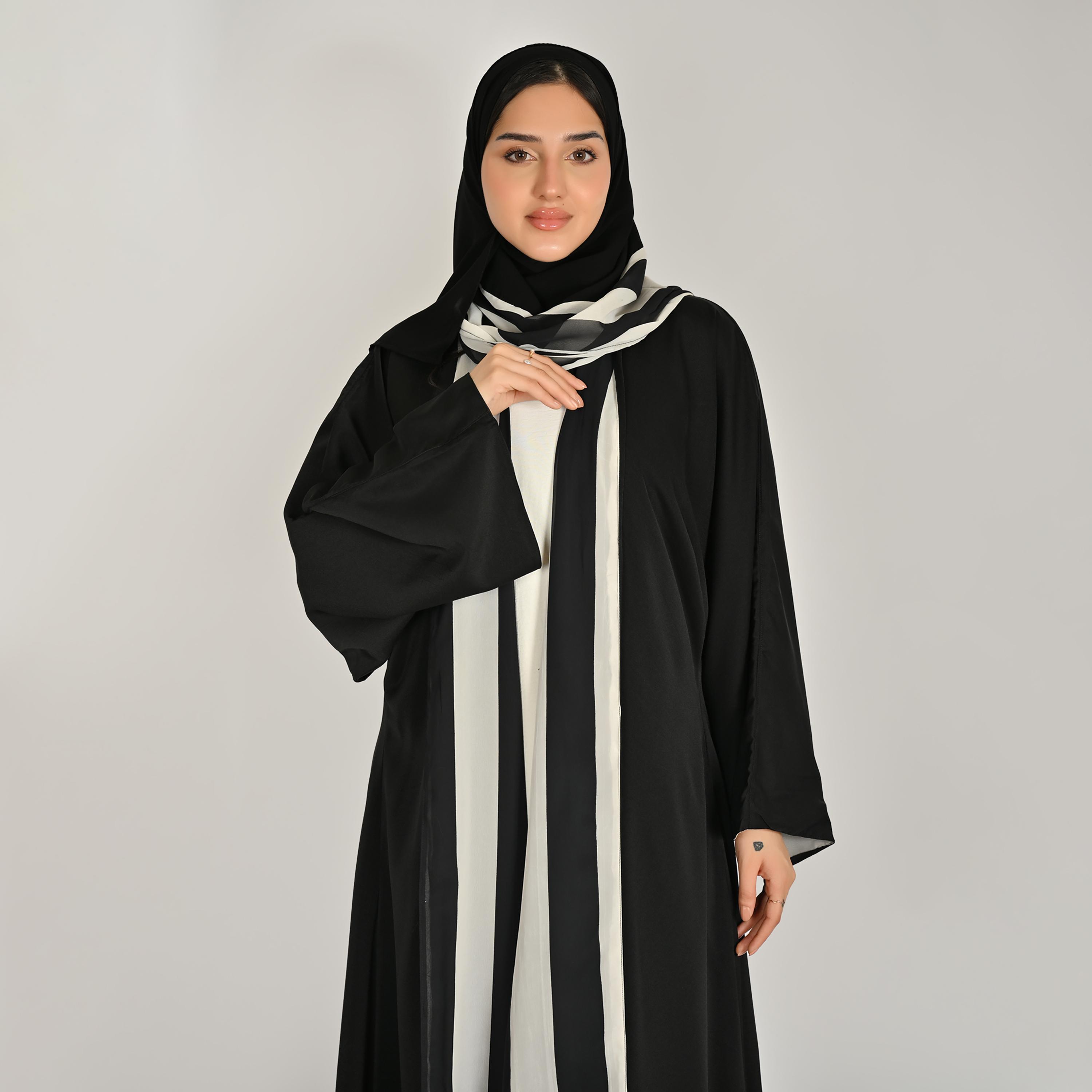Hawraa Multicolour Wide Sleeves Striped Women's Double Face Linen Abaya with Hijab-women-arabicclothing-abayas-image-3