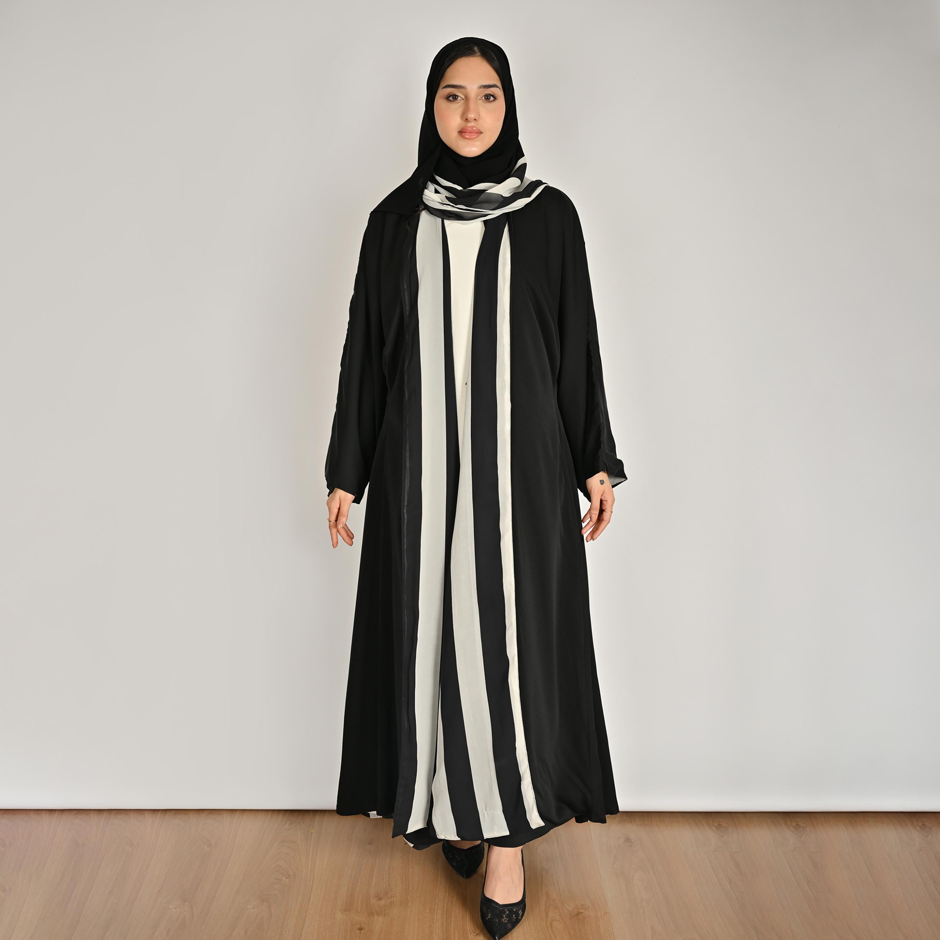 Hawraa Multicolour Wide Sleeves Striped Women's Double Face Linen Abaya with Hijab-women-arabicclothing-abayas-image-4