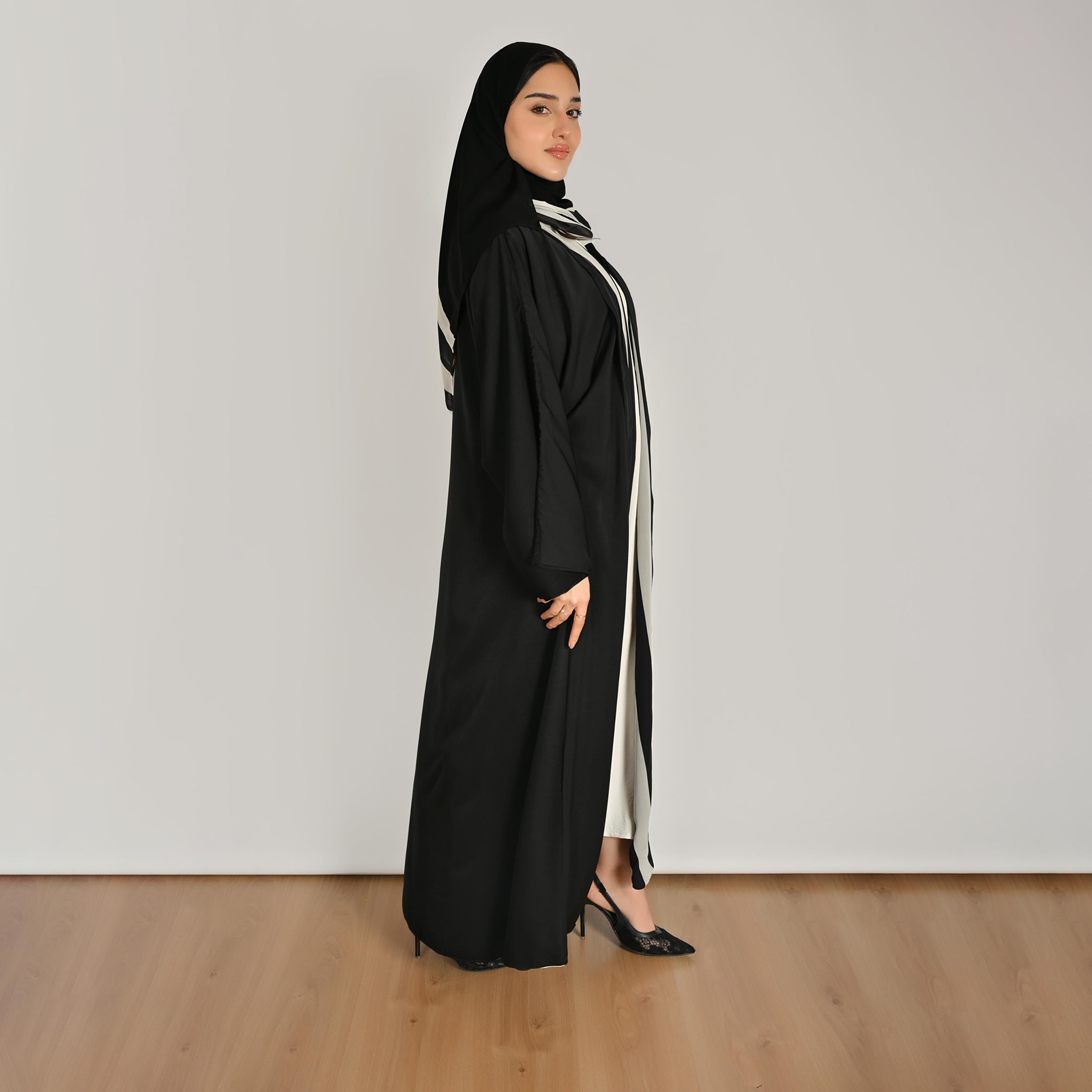 Hawraa Multicolour Wide Sleeves Striped Women's Double Face Linen Abaya with Hijab-women-arabicclothing-abayas-image-6