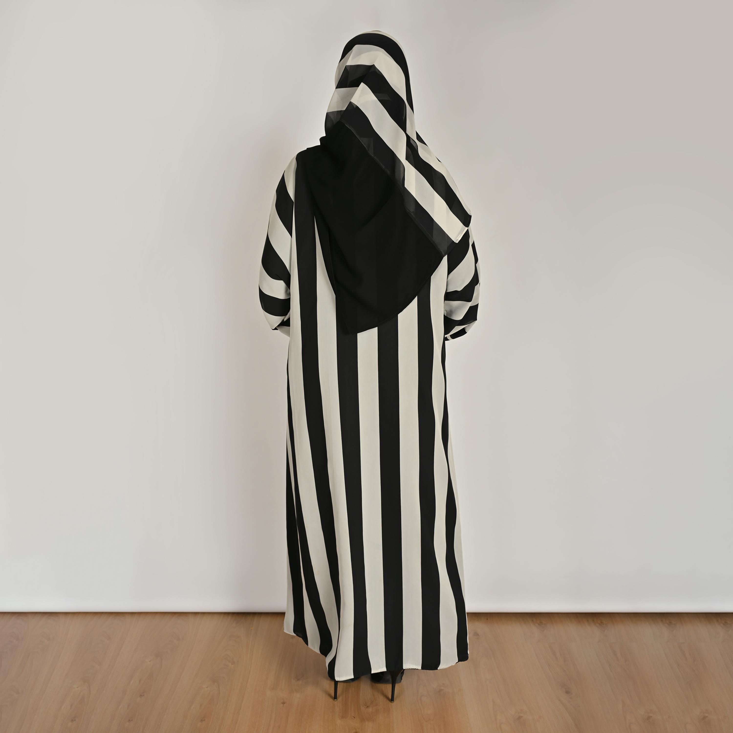 Hawraa Multicolour Wide Sleeves Striped Women's Double Face Linen Abaya with Hijab-women-arabicclothing-abayas-image-7