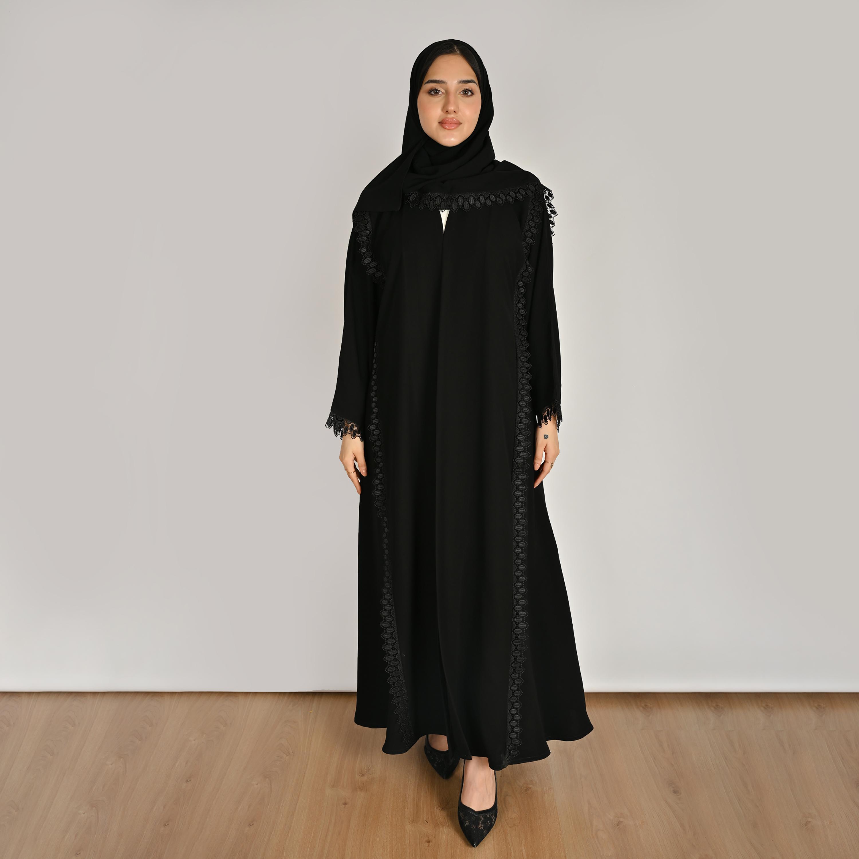 عباية كتان حريمي ومزينة بالدانتيل باللون الأسود مع حجاب من حوراء-women-arabicclothing-abayas-image-1