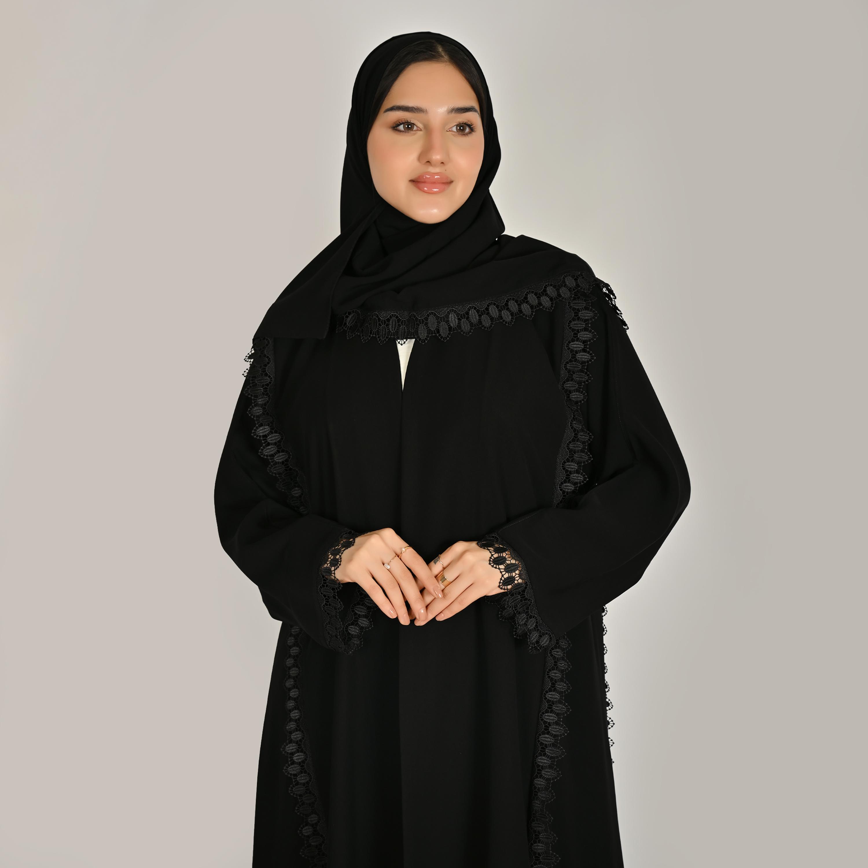 عباية كتان حريمي ومزينة بالدانتيل باللون الأسود مع حجاب من حوراء-women-arabicclothing-abayas-image-2