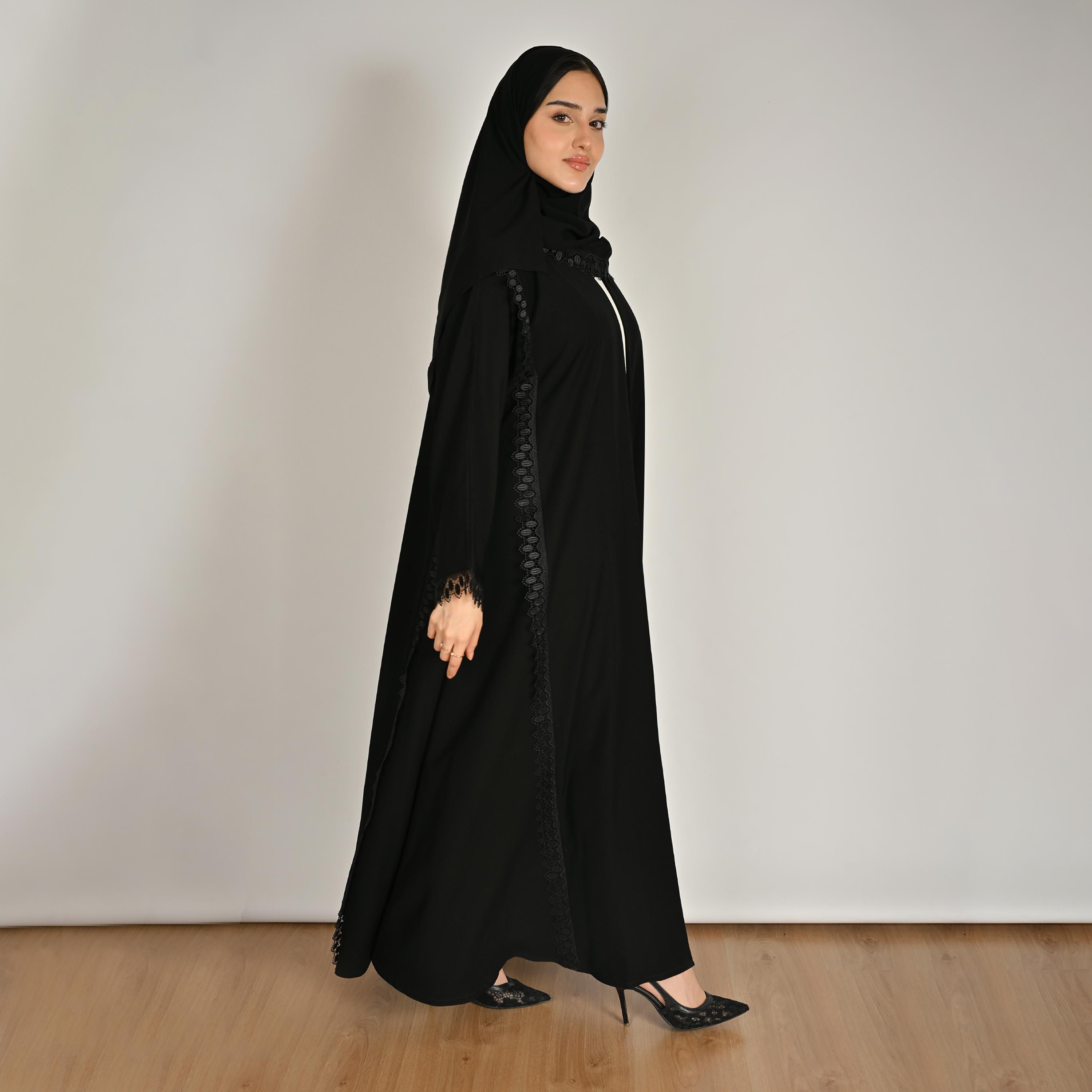 عباية كتان حريمي ومزينة بالدانتيل باللون الأسود مع حجاب من حوراء-women-arabicclothing-abayas-image-5