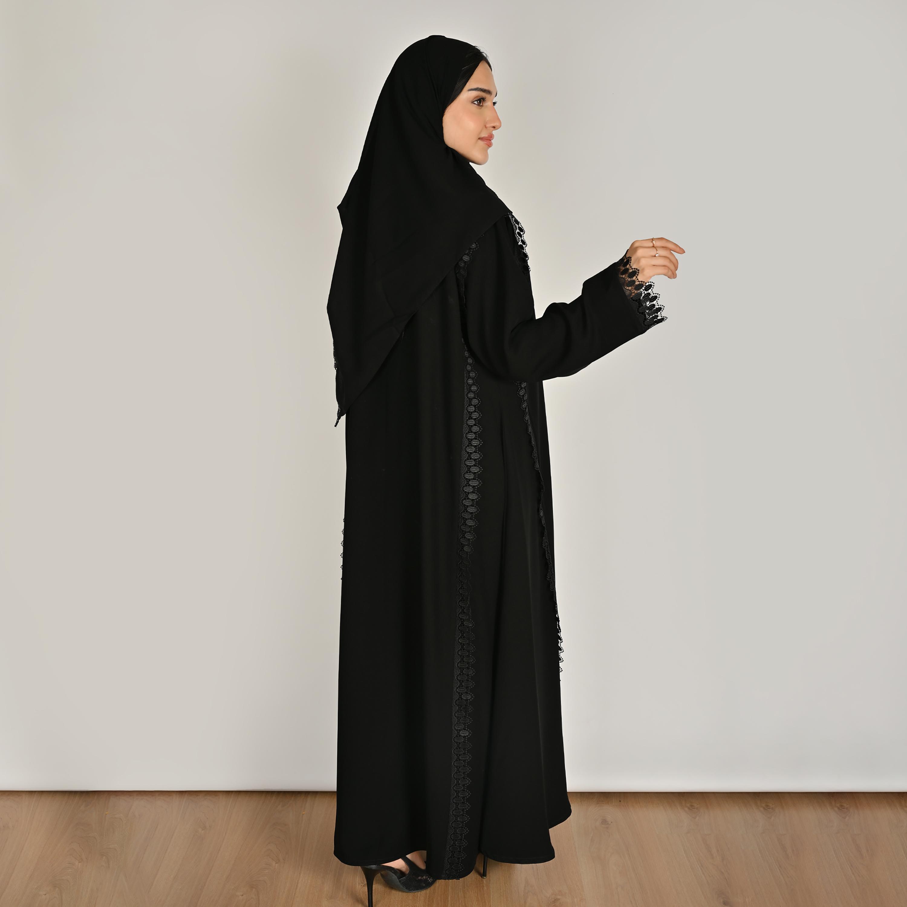عباية كتان حريمي ومزينة بالدانتيل باللون الأسود مع حجاب من حوراء-women-arabicclothing-abayas-image-6