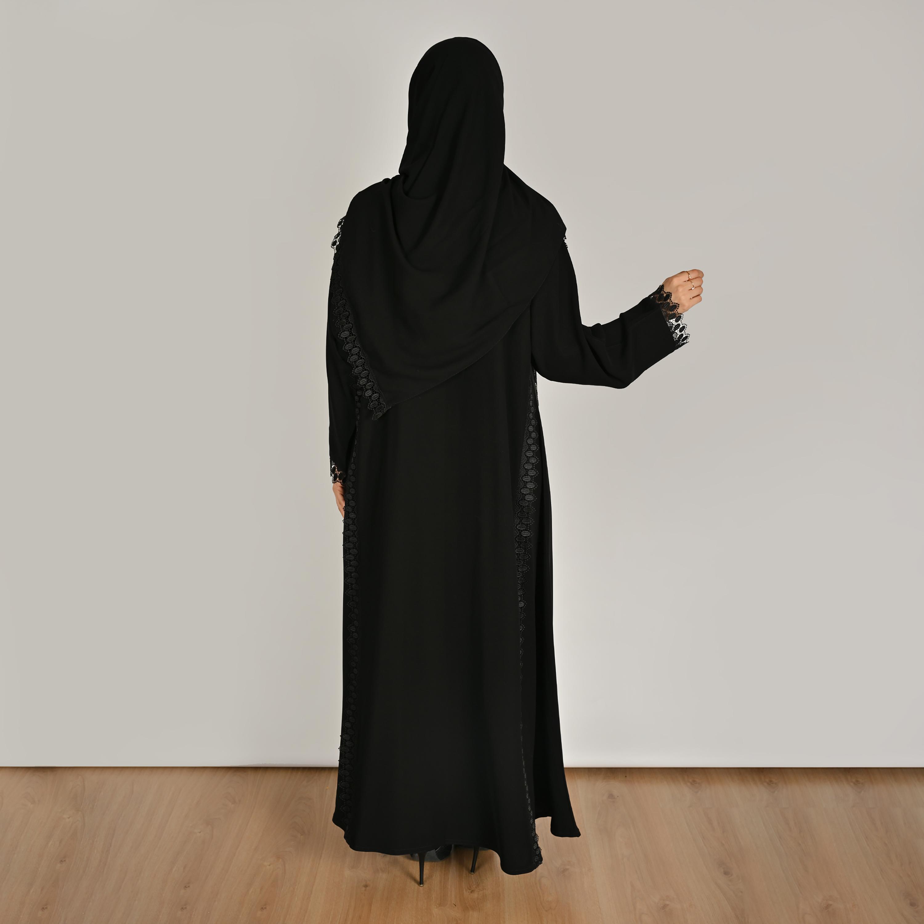 عباية كتان حريمي ومزينة بالدانتيل باللون الأسود مع حجاب من حوراء-women-arabicclothing-abayas-image-7