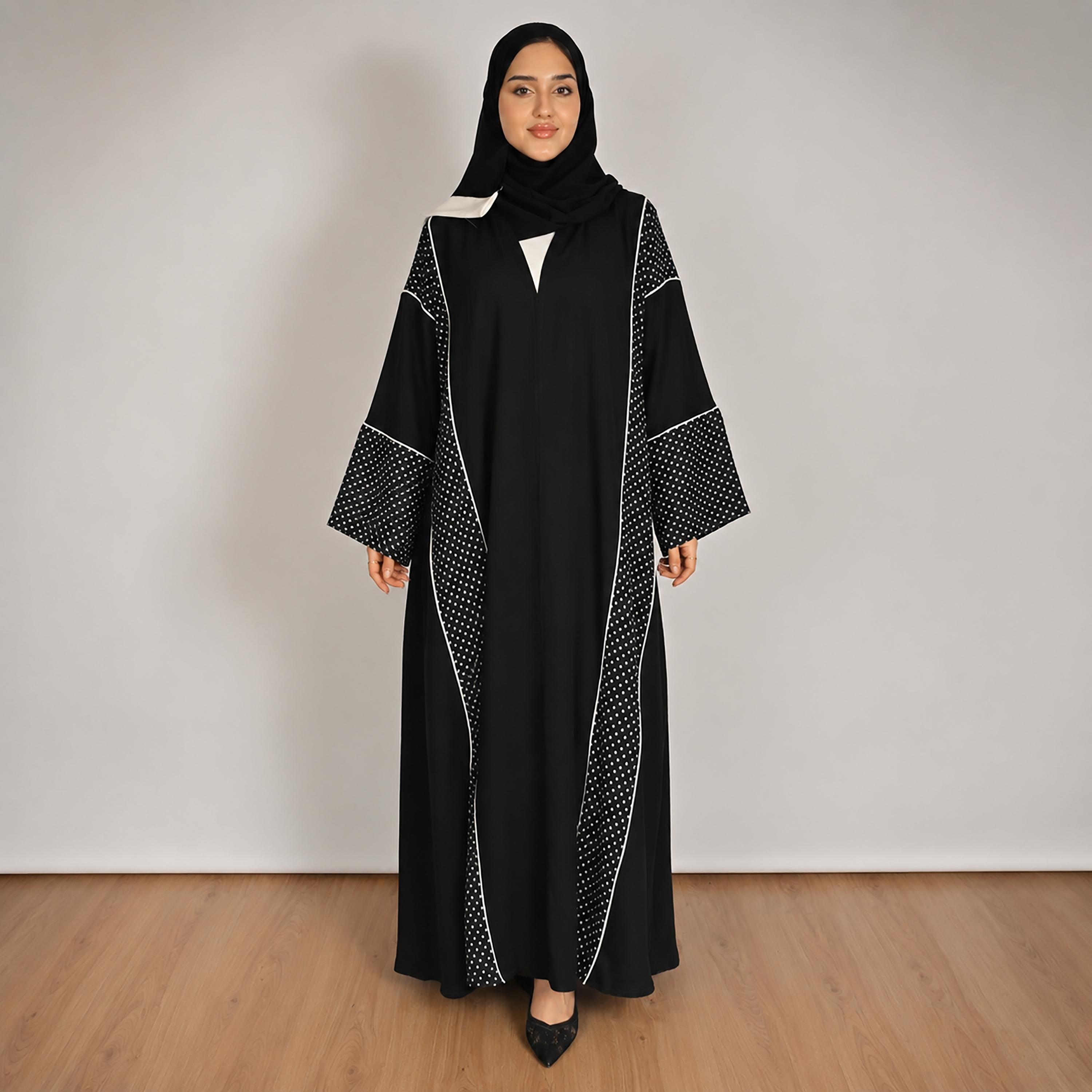 Hawraa Multicolour Wide Sleeves Polka Dots Women's Linen Abaya with Hijab-women-arabicclothing-abayas-image-1