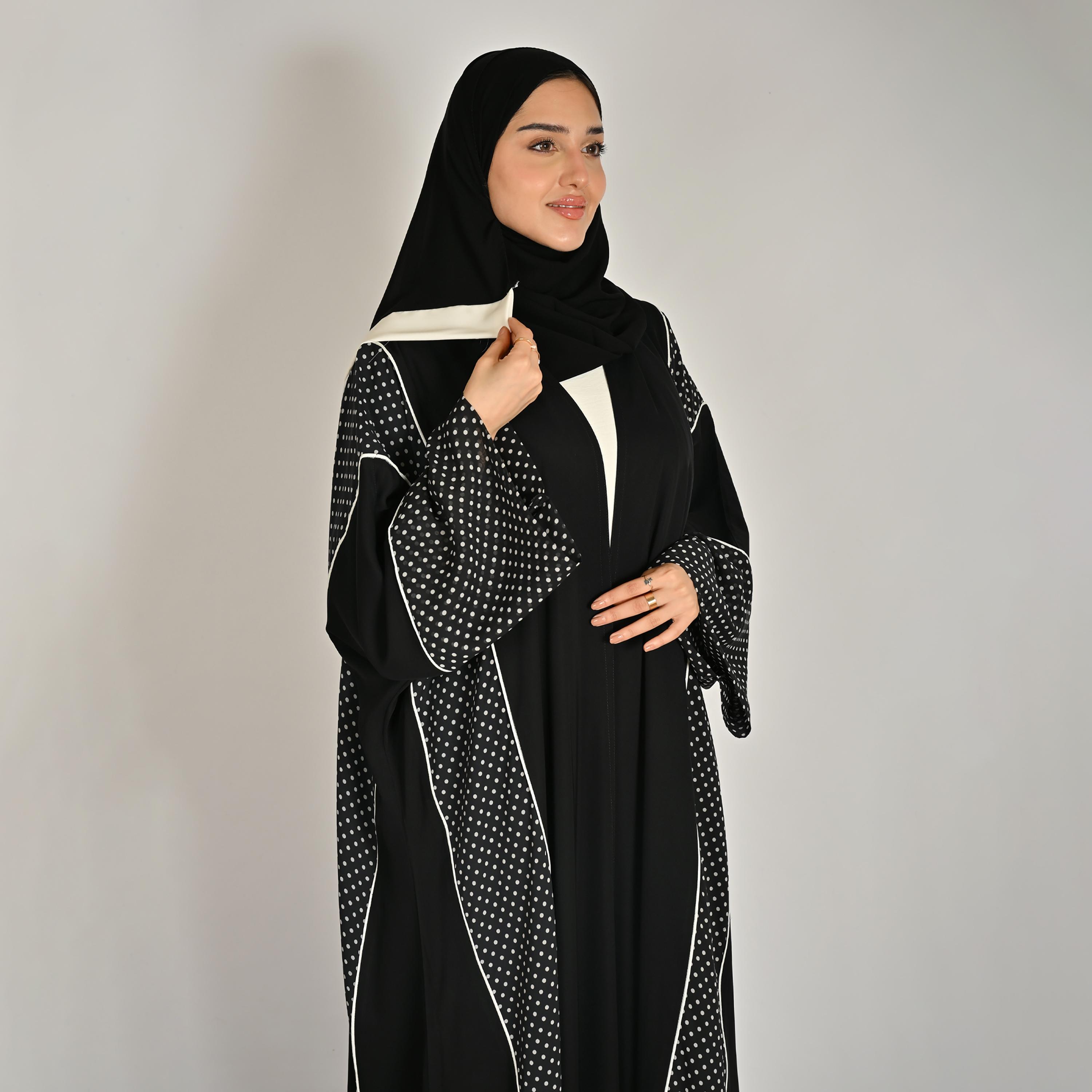 Hawraa Multicolour Wide Sleeves Polka Dots Women's Linen Abaya with Hijab-women-arabicclothing-abayas-image-2