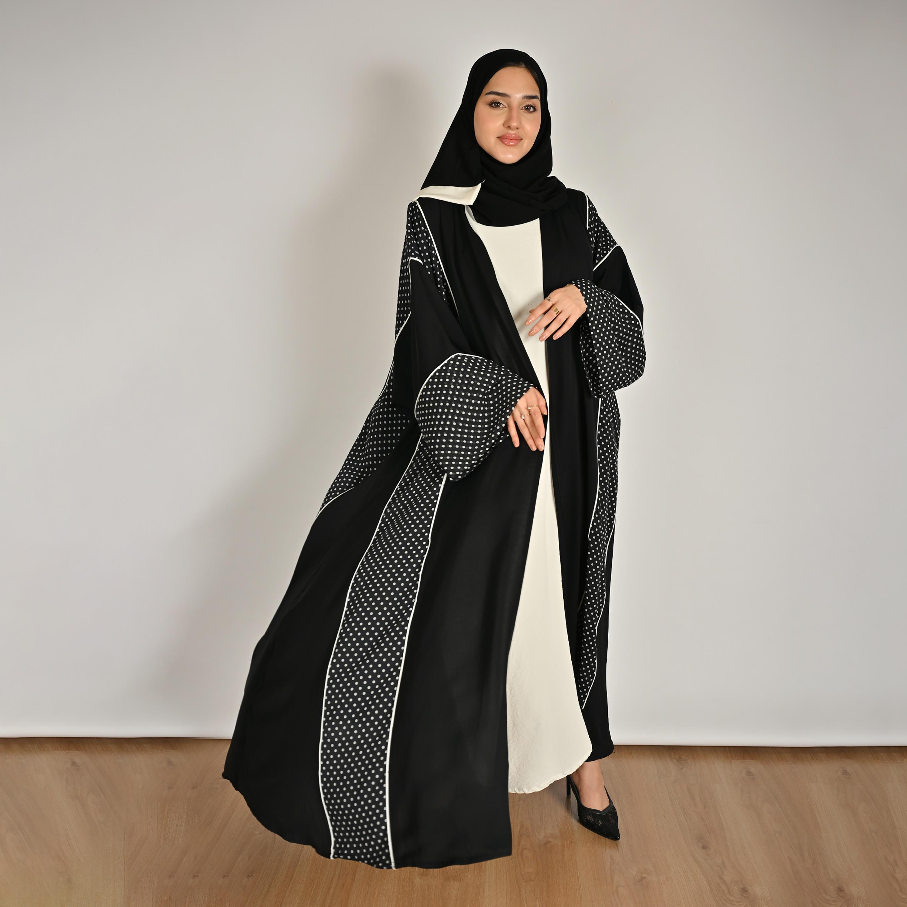 Hawraa Multicolour Wide Sleeves Polka Dots Women's Linen Abaya with Hijab-women-arabicclothing-abayas-image-3