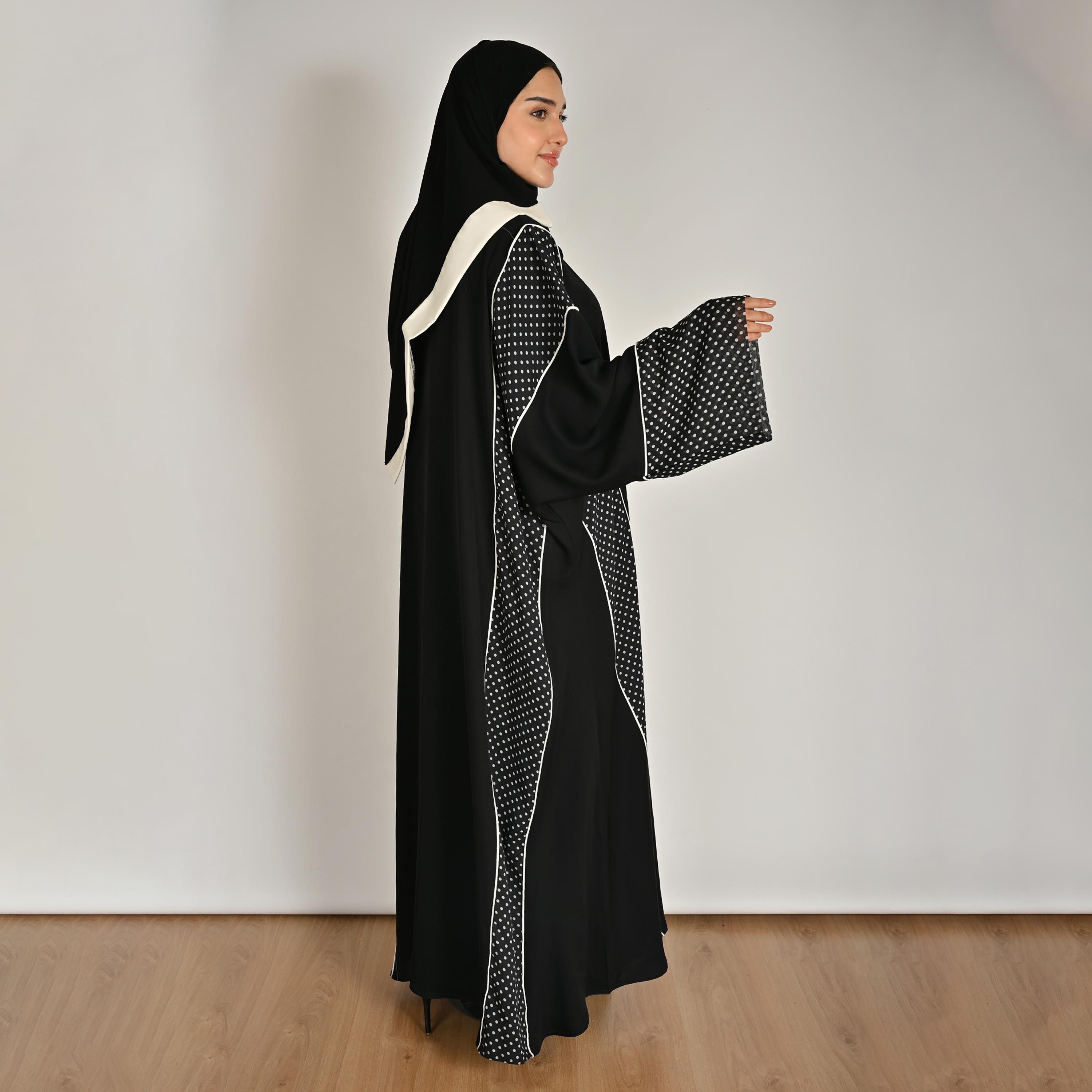 Hawraa Multicolour Wide Sleeves Polka Dots Women's Linen Abaya with Hijab-women-arabicclothing-abayas-image-4