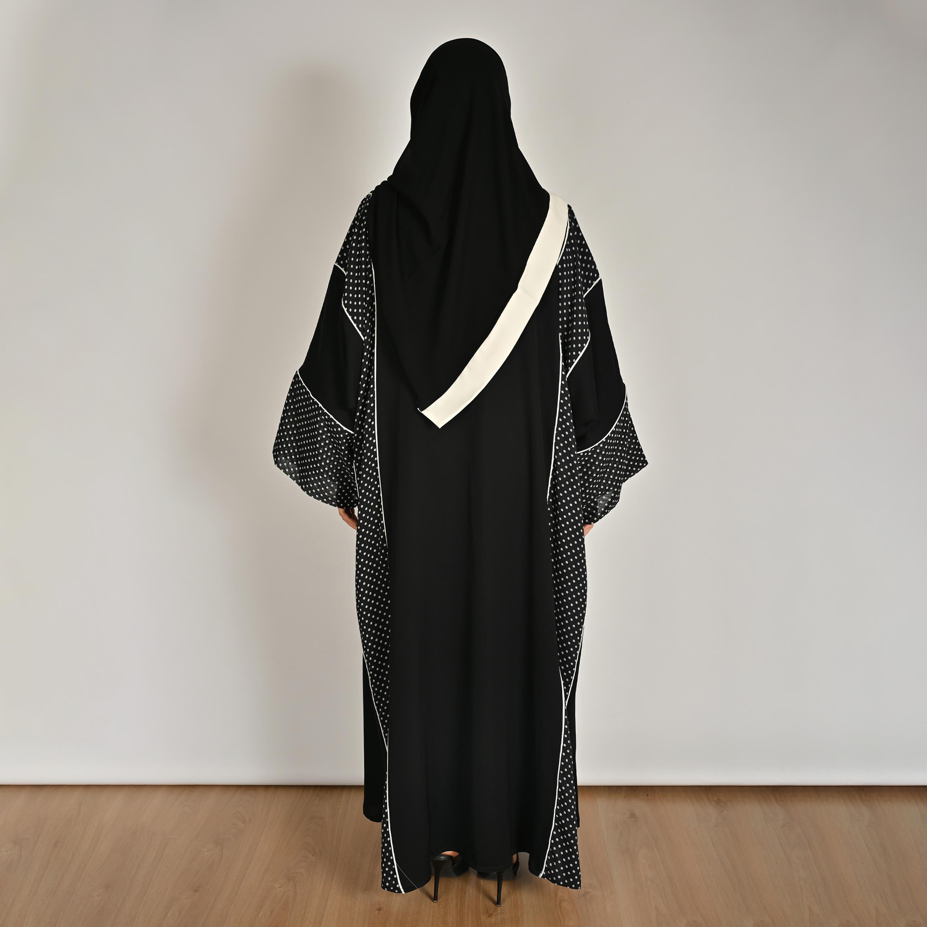 Hawraa Multicolour Wide Sleeves Polka Dots Women's Linen Abaya with Hijab-women-arabicclothing-abayas-image-5