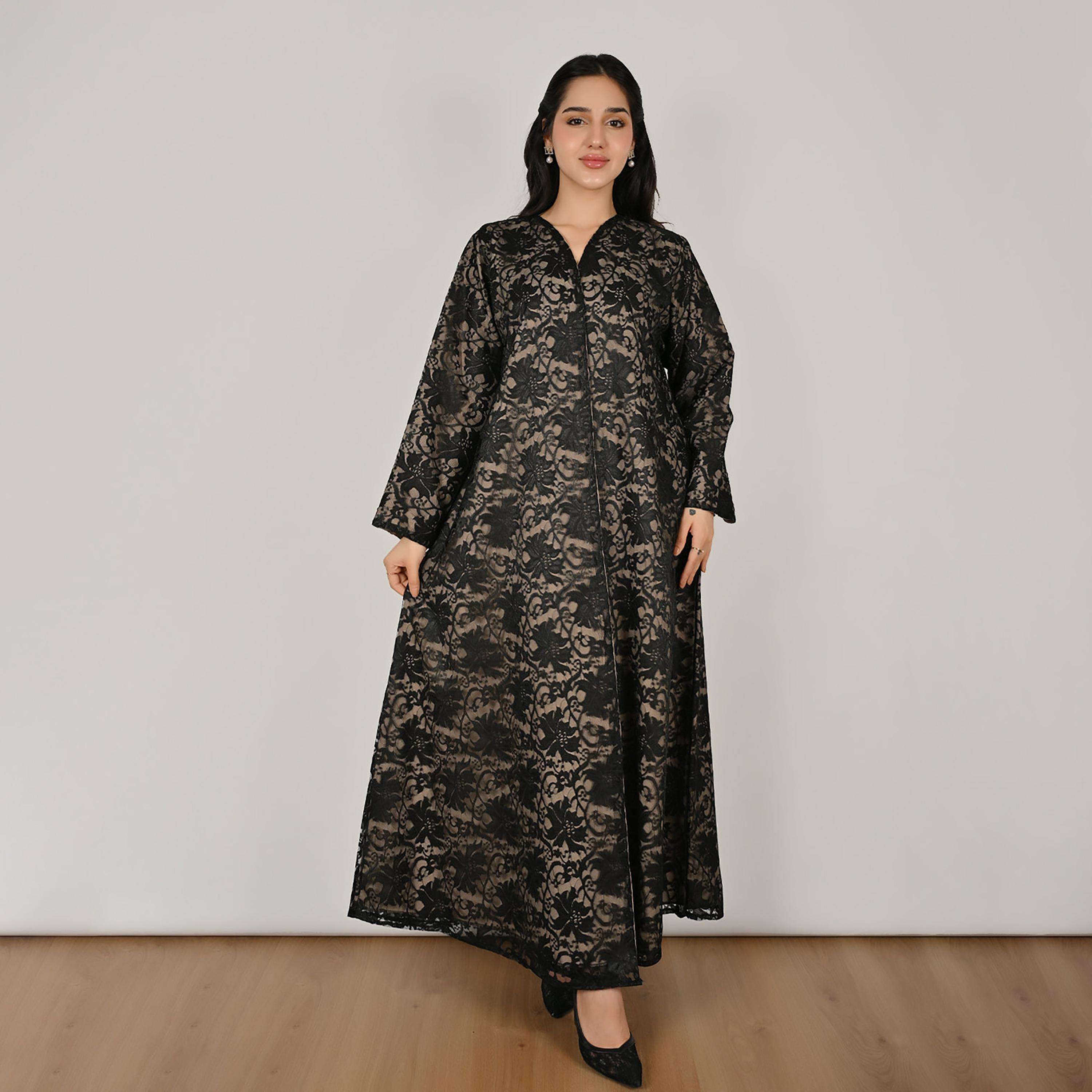 حوراء عباية كتان نسائية مفتوحة من الأمام مع حجاب، دانتيل متعدد الألوان-women-arabicclothing-abayas-image-1