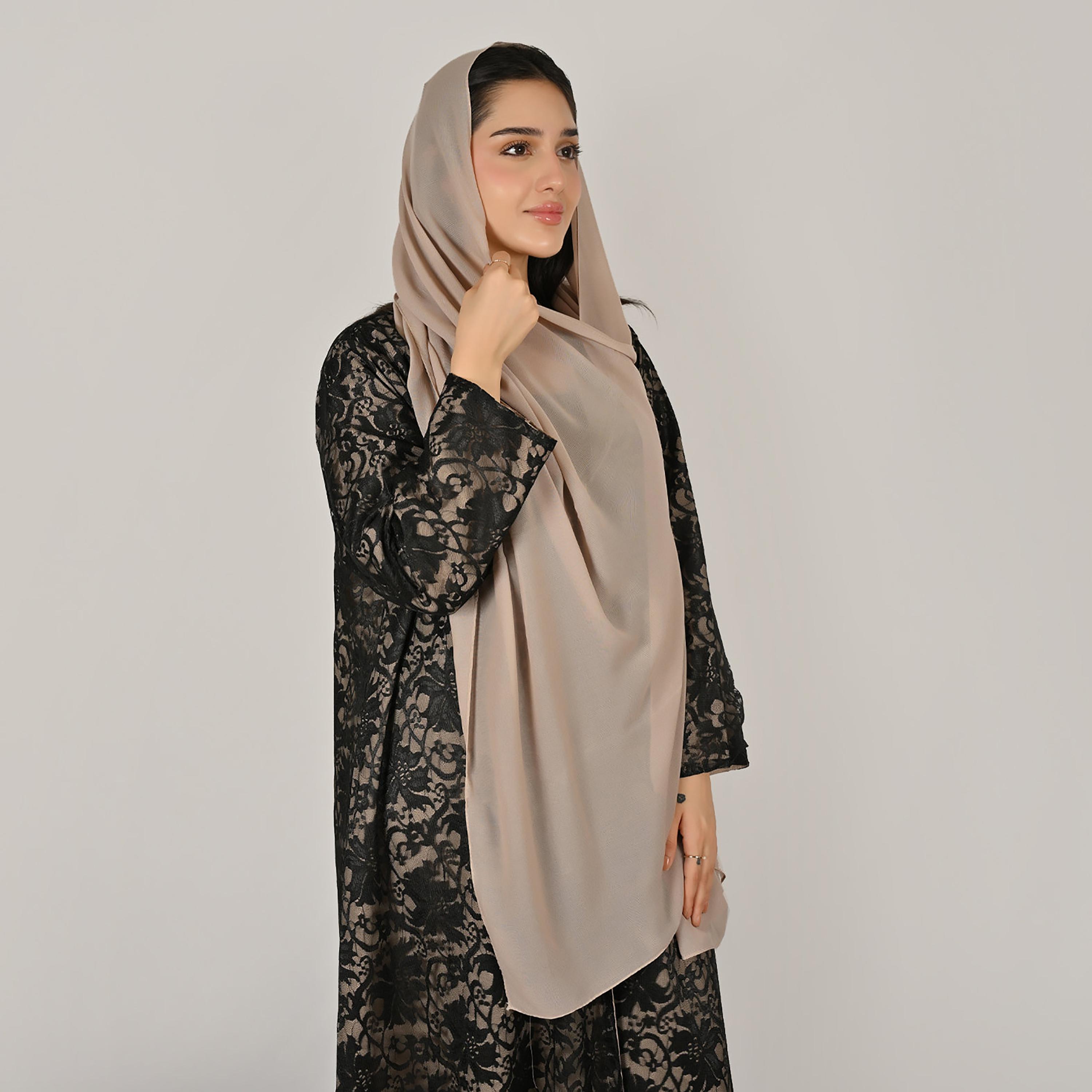 حوراء عباية كتان نسائية مفتوحة من الأمام مع حجاب، دانتيل متعدد الألوان-women-arabicclothing-abayas-image-2