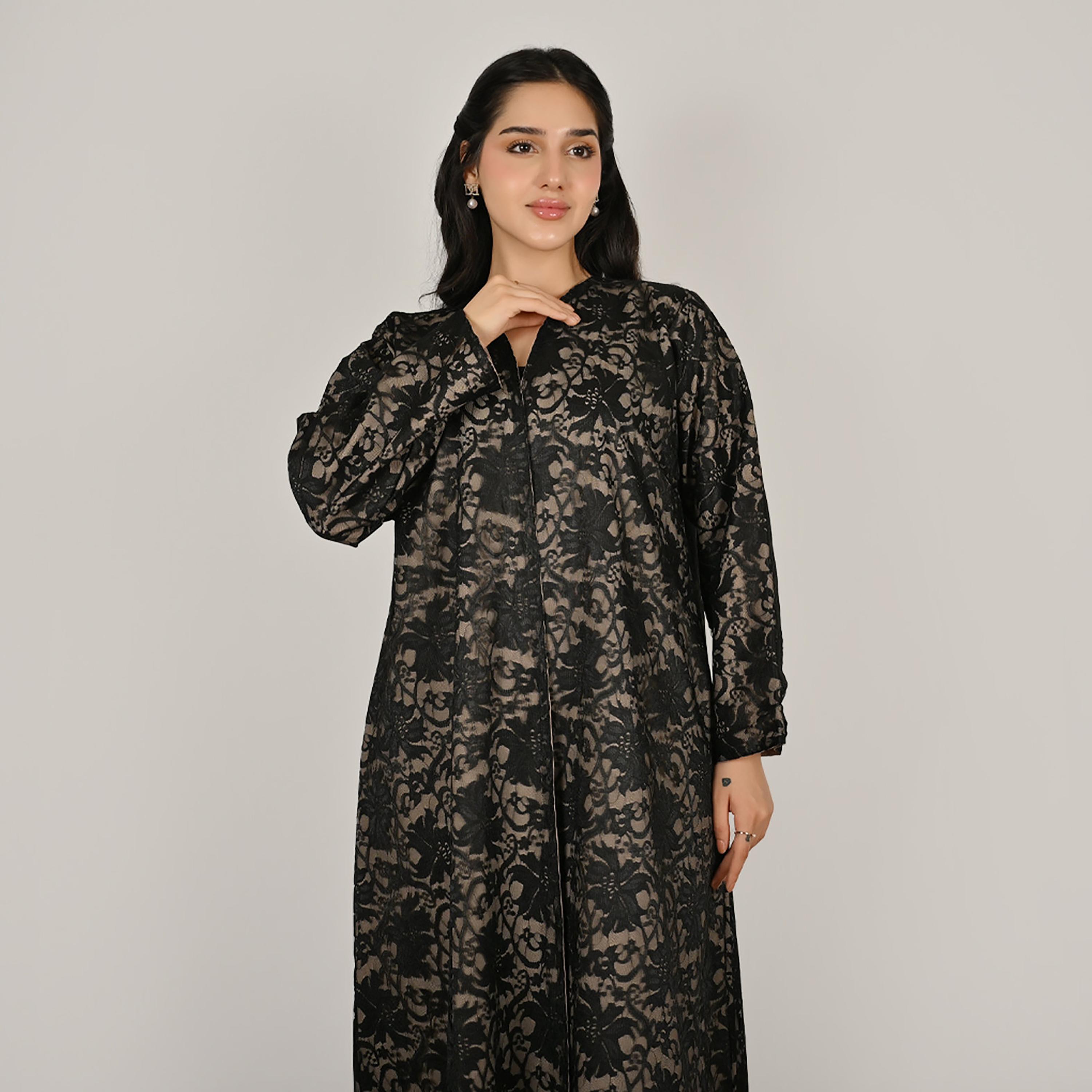 حوراء عباية كتان نسائية مفتوحة من الأمام مع حجاب، دانتيل متعدد الألوان-women-arabicclothing-abayas-image-3